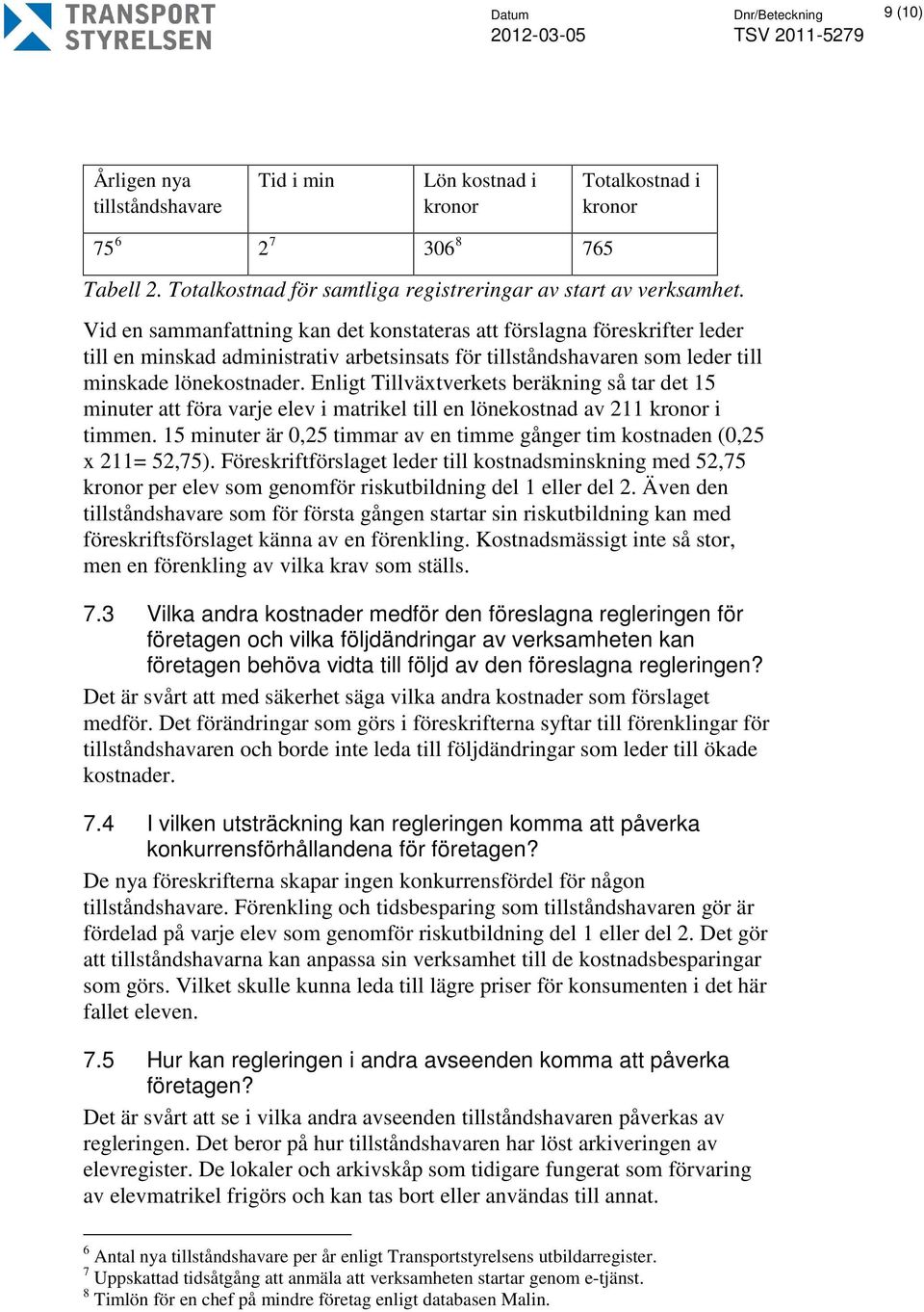 Vid en sammanfattning kan det konstateras att förslagna föreskrifter leder till en minskad administrativ arbetsinsats för tillståndshavaren som leder till minskade lönekostnader.