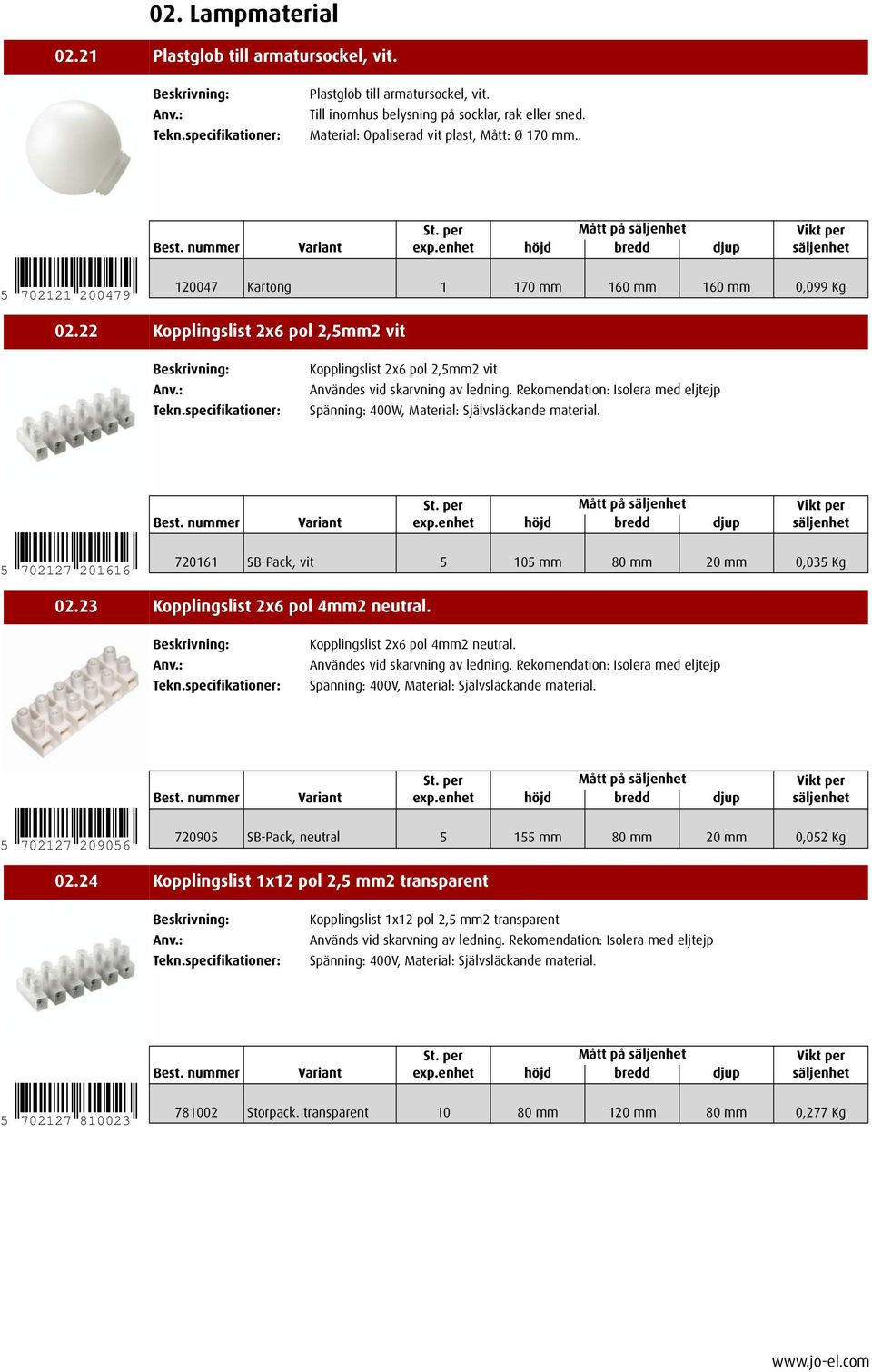 Rekomendation: Isolera med eljtejp Spänning: 400W, Material: Självsläckande material. 5 702127 201616 720161 SB-Pack, vit 5 105 mm 80 mm 20 mm 0,035 Kg 02.23 Kopplingslist 2x6 pol 4mm2 neutral.