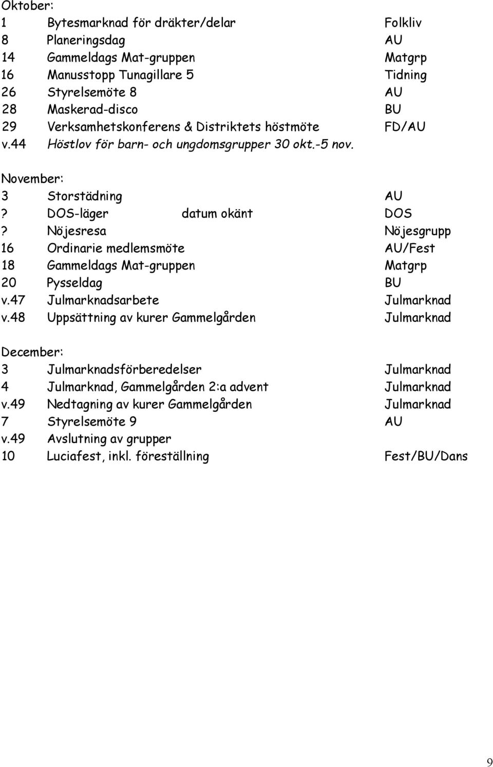 Nöjesresa Nöjesgrupp 16 Ordinarie medlemsmöte AU/Fest 18 Gammeldags Mat-gruppen Matgrp 20 Pysseldag BU v.47 Julmarknadsarbete Julmarknad v.