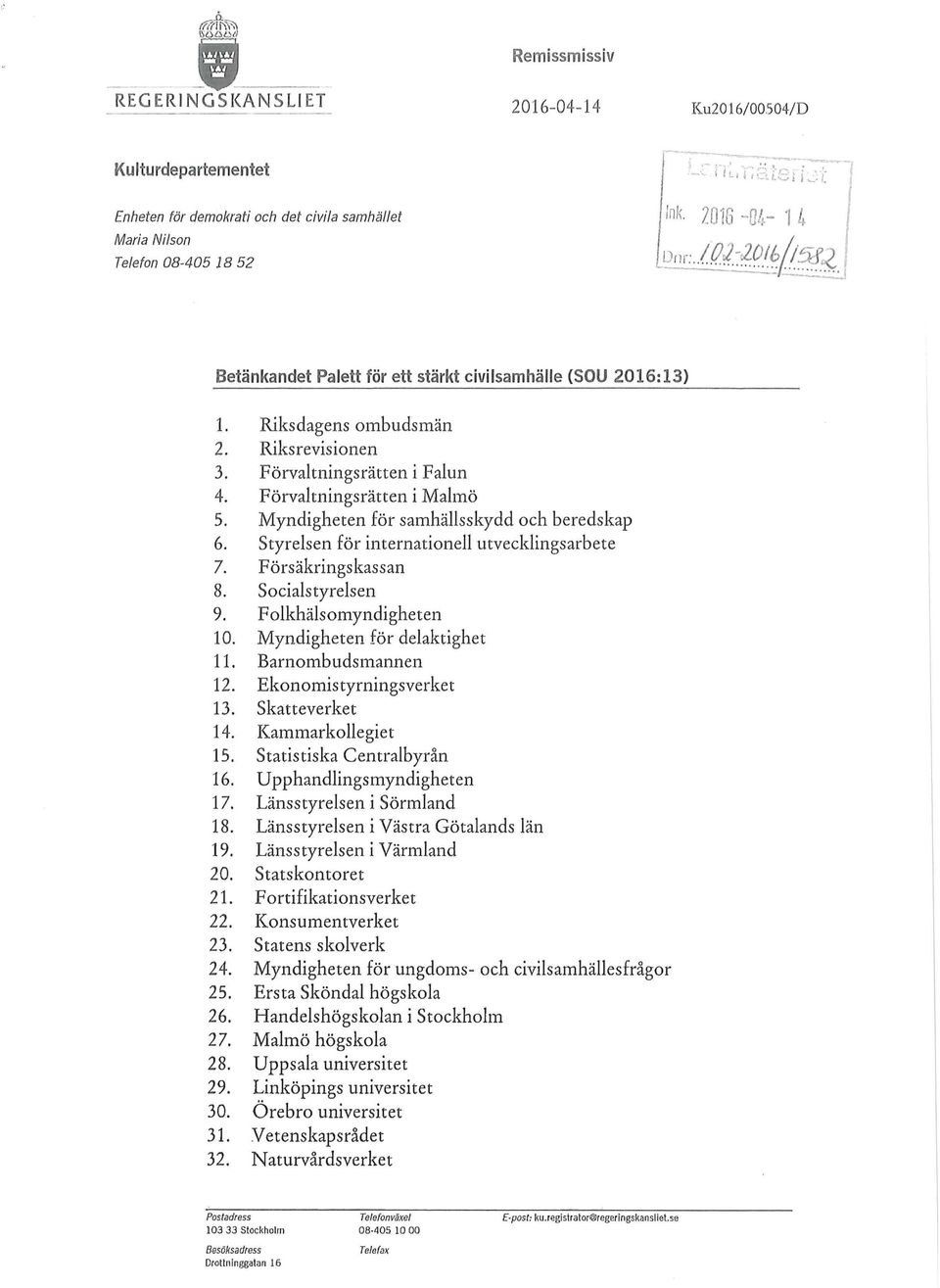 Förvaltningsrätten i Falun 4. Förvaltningsrätten i Malmö 5. Myndigheten för samhällsskydd och beredskap 6. Styrelsen för internationell utvecklingsarbete 7. Försäkringskassan 8. Socialstyrelsen 9.