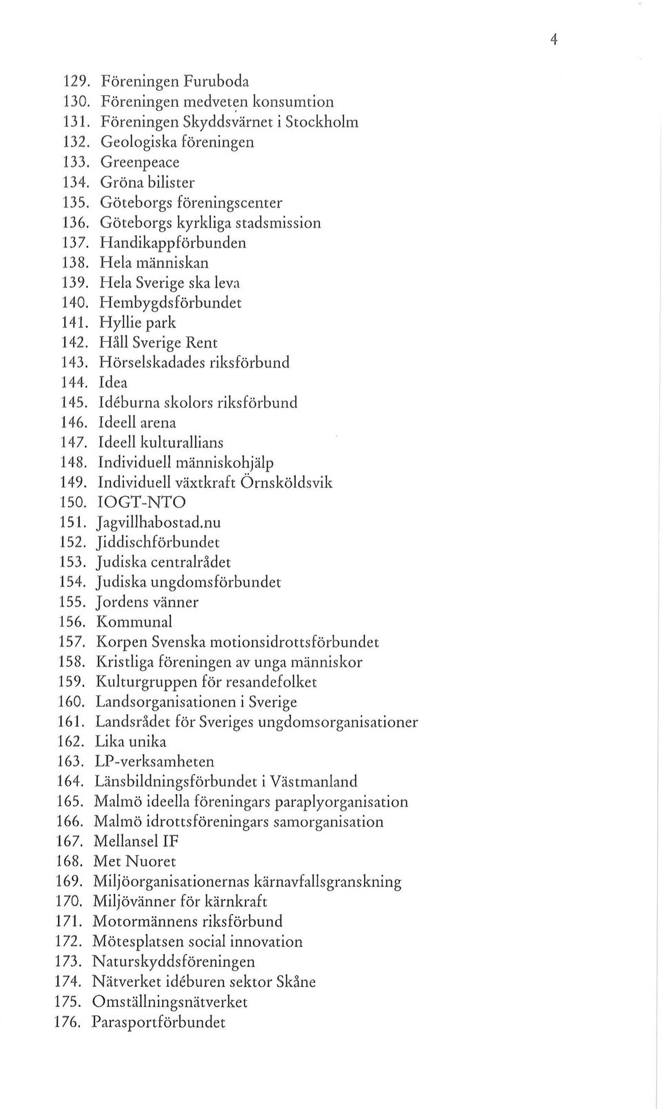 Hörselskadades riksförbund 144. Idea 145. Ideburna skolors riksförbund 146. Ideell arena 147. Ideell kulturallians 148. Individuell människohjälp 149. Individuell växtkraft Örnsköldsvik 150.