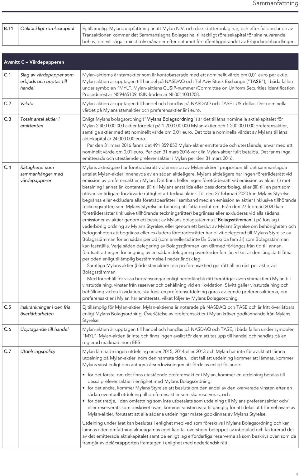 datumet för offentliggörandet av Erbjudandehandlingen. Avsnitt C Värdepapperen C.