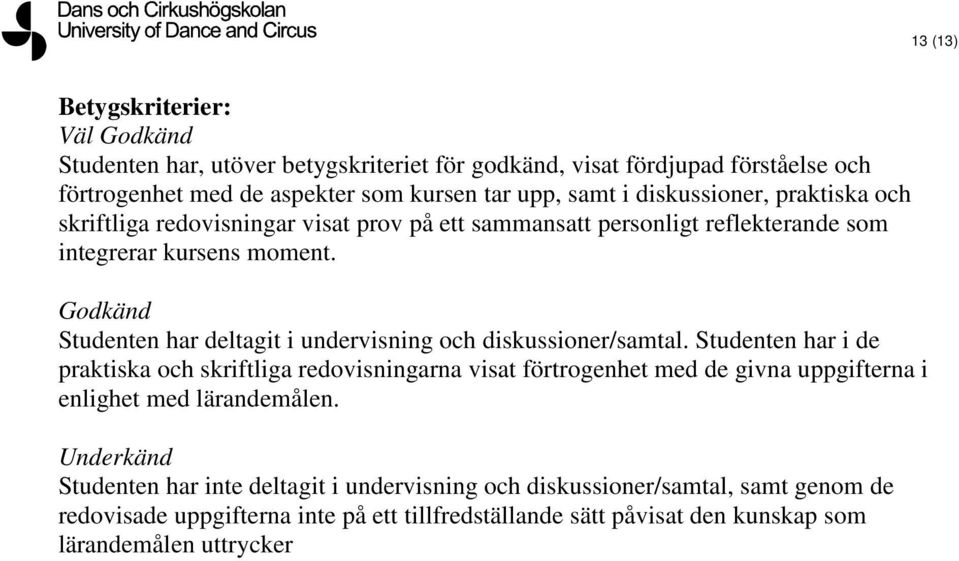 Godkänd Studenten har deltagit i undervisning och diskussioner/samtal.