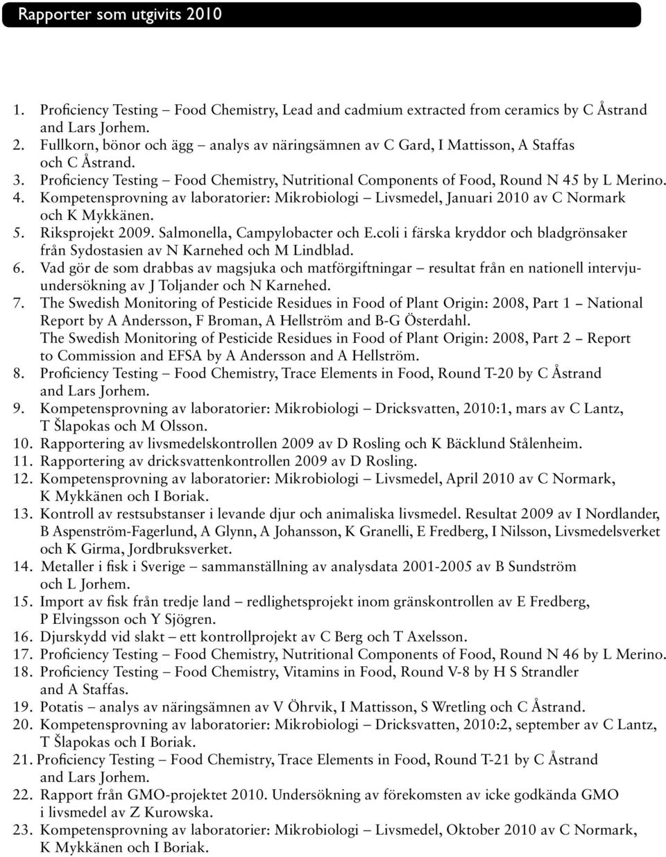 5. Riksprojekt 2009. Salmonella, Campylobacter och E.coli i färska kryddor och bladgrönsaker från Sydostasien av N Karnehed och M Lindblad. 6.