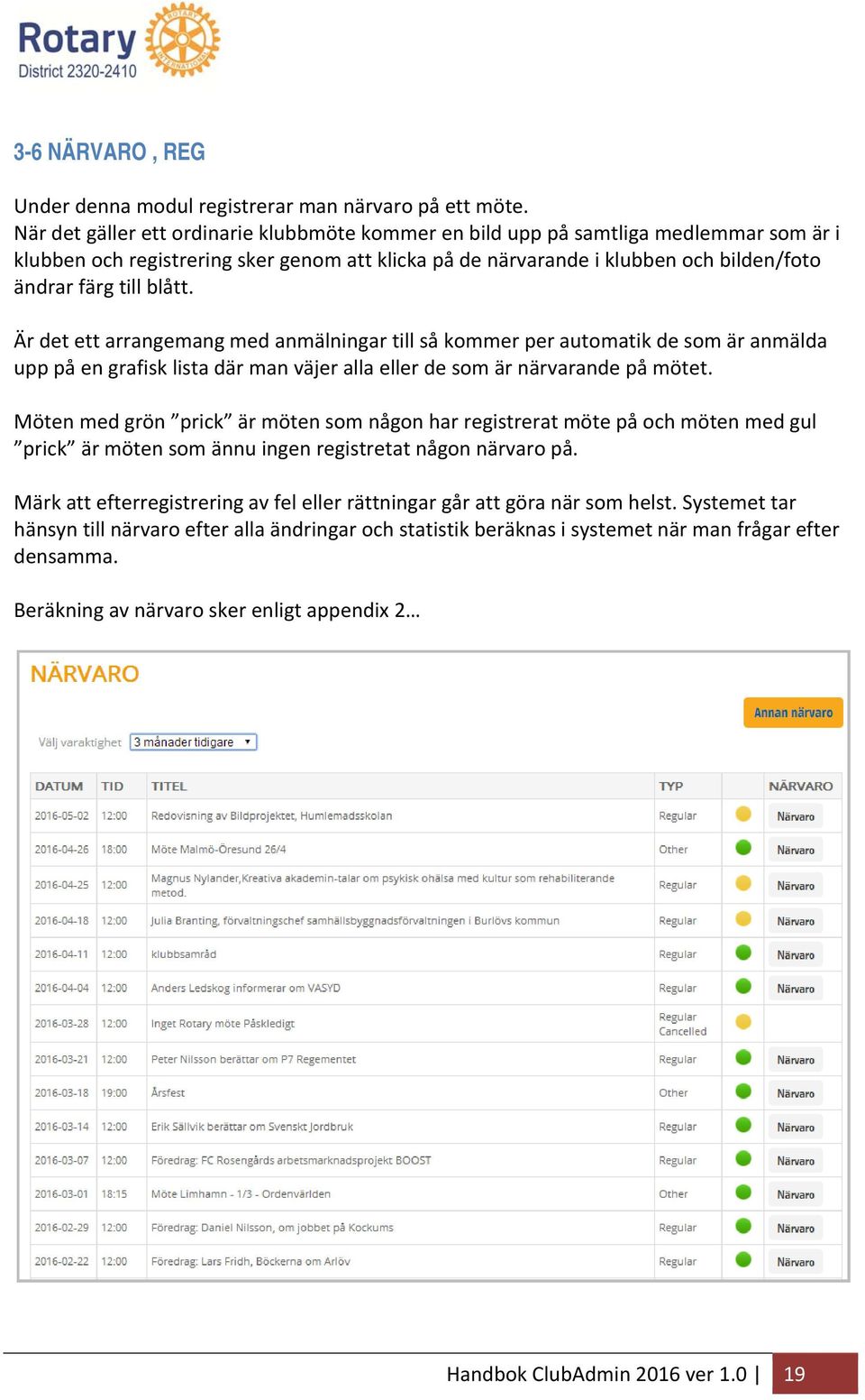 blått. Är det ett arrangemang med anmälningar till så kommer per automatik de som är anmälda upp på en grafisk lista där man väjer alla eller de som är närvarande på mötet.