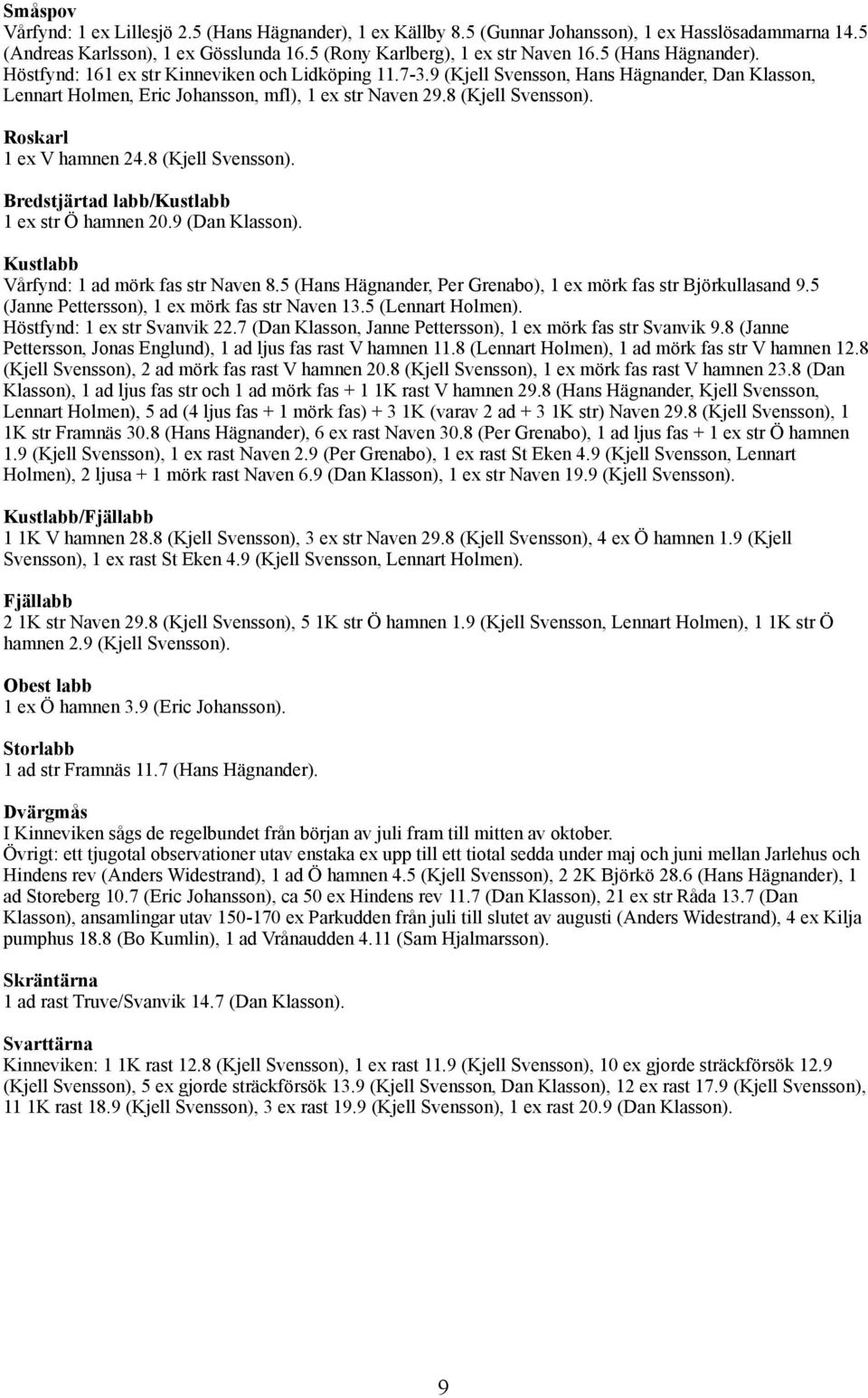 Roskarl 1 ex V hamnen 24.8 (Kjell Svensson). Bredstjärtad labb/kustlabb 1 ex str Ö hamnen 20.9 (Dan Klasson). Kustlabb Vårfynd: 1 ad mörk fas str Naven 8.