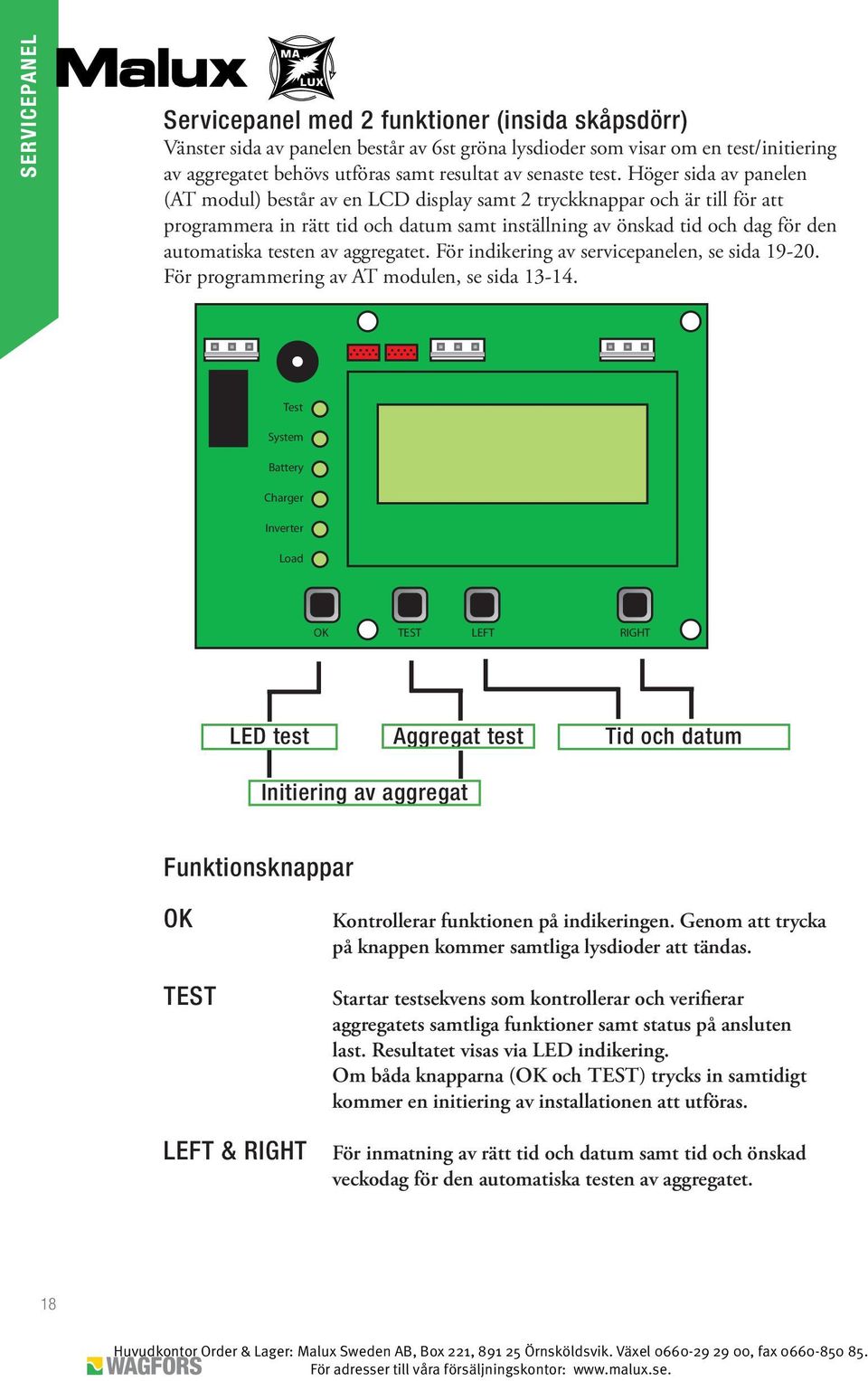 Höger sida av panelen (AT modul) består av en LCD display samt 2 tryckknappar och är till för att programmera in rätt tid och datum samt inställning av önskad tid och dag för den automatiska testen