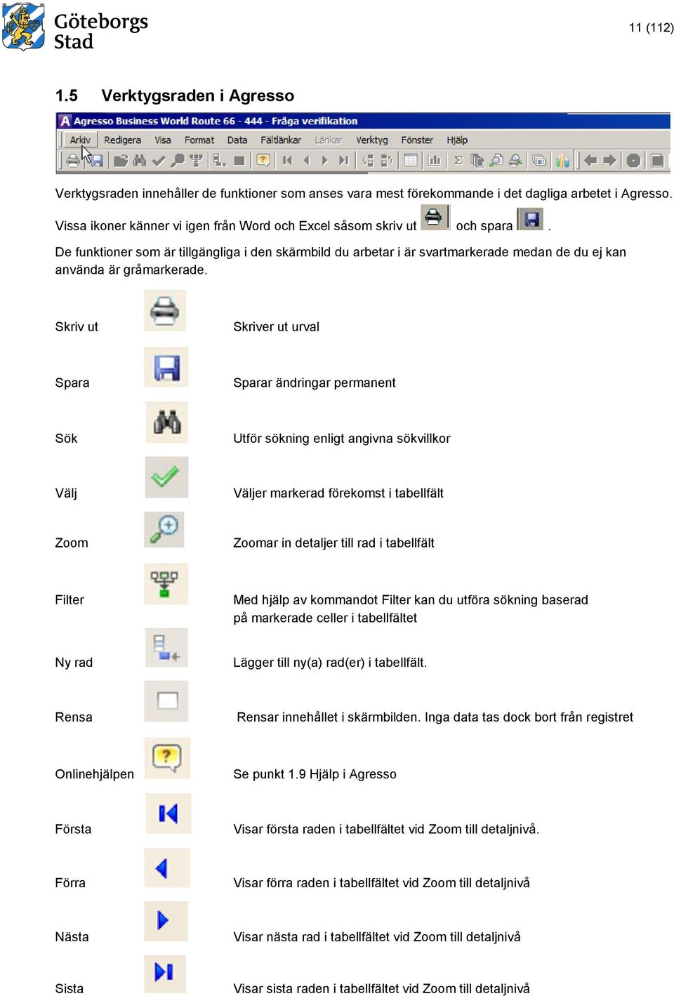 Skriv ut Skriver ut urval Spara Sparar ändringar permanent Sök Utför sökning enligt angivna sökvillkor Välj Väljer markerad förekomst i tabellfält Zoom Zoomar in detaljer till rad i tabellfält Filter