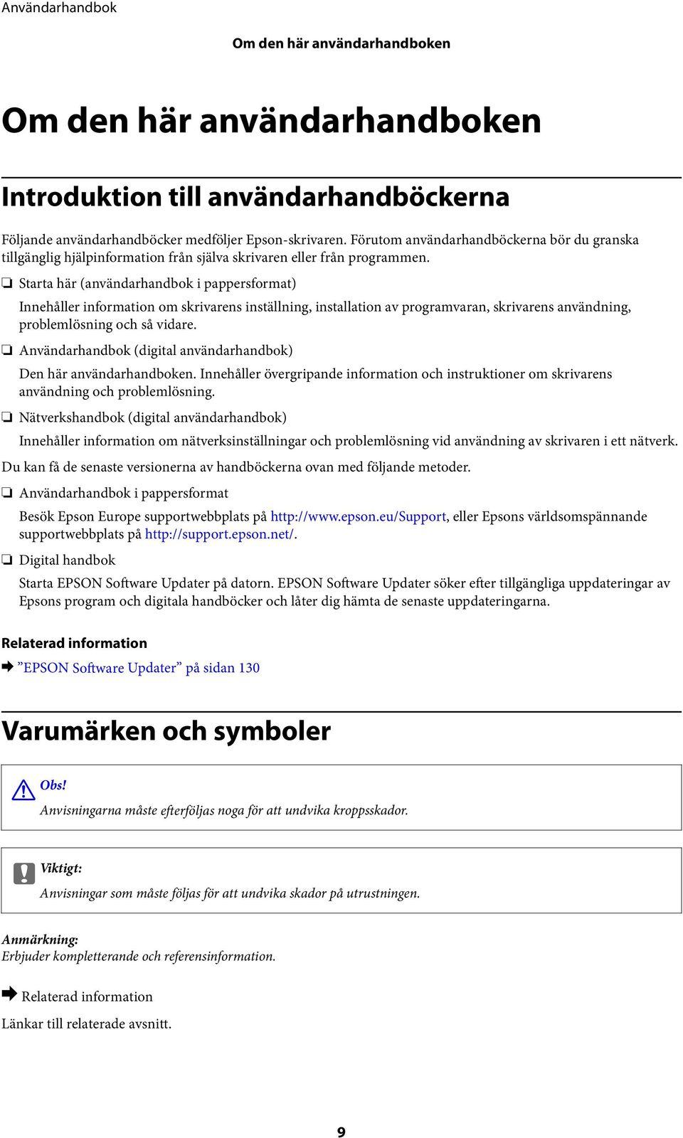 Starta här (användarhandbok i pappersformat) Innehåller information om skrivarens inställning, installation av programvaran, skrivarens användning, problemlösning och så vidare.