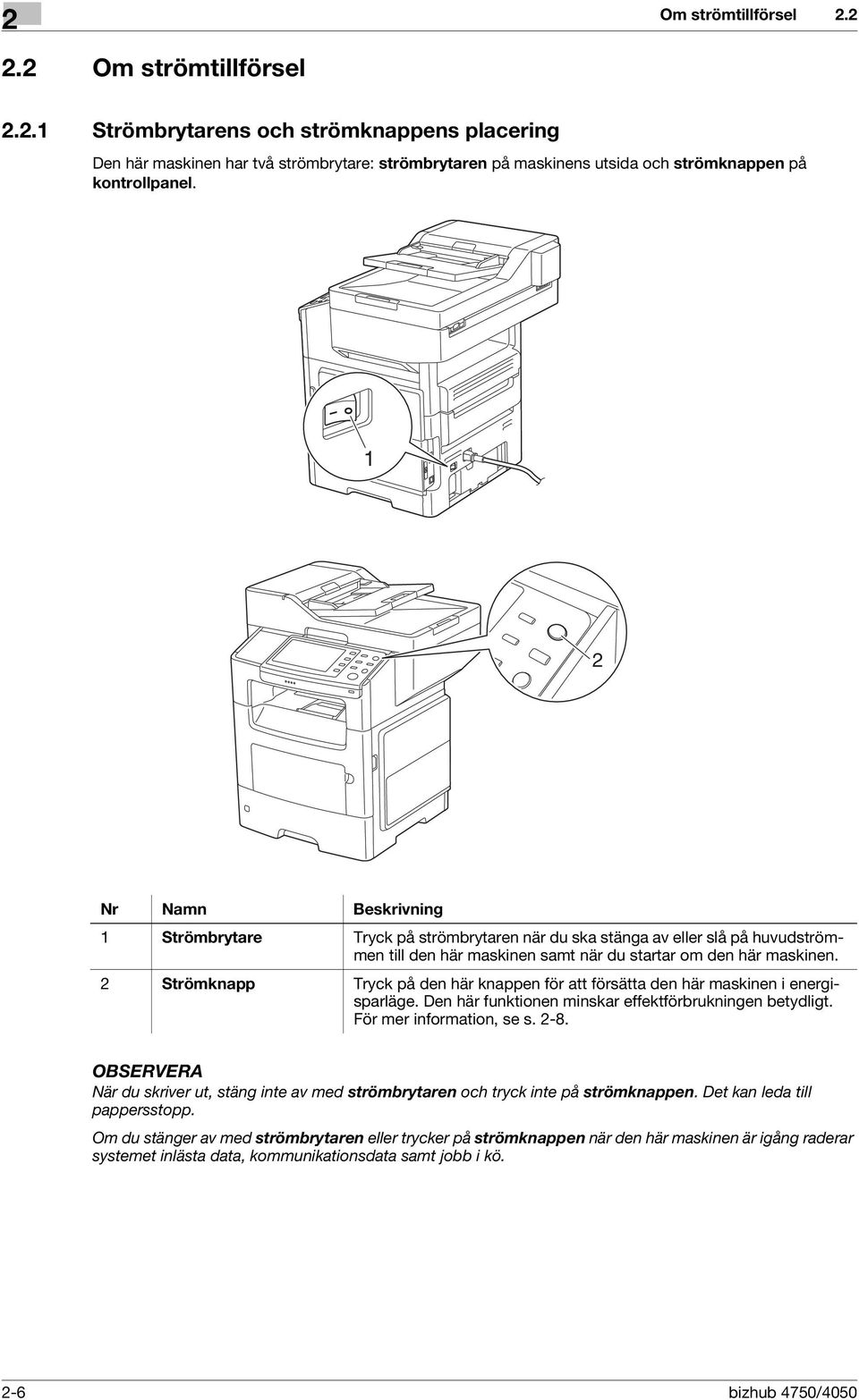 2 Strömknapp Tryck på den här knappen för att försätta den här maskinen i energisparläge. Den här funktionen minskar effektförbrukningen betydligt. För mer information, se s. 2-8.