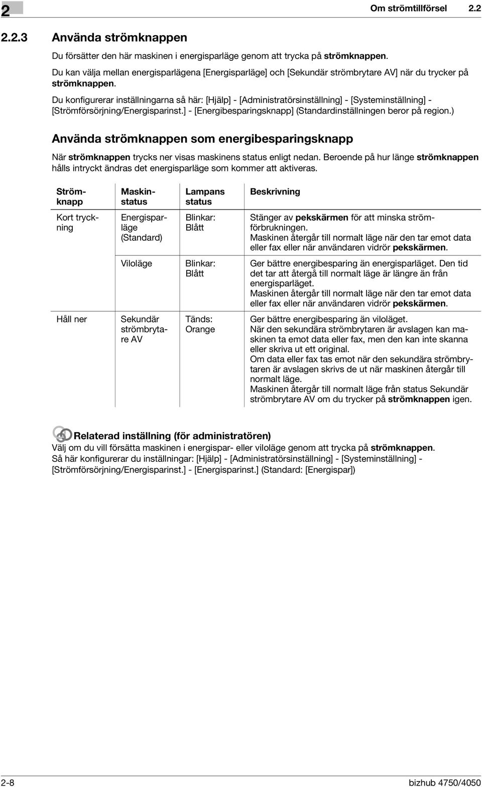 Du konfigurerar inställningarna så här: [Hjälp] - [Administratörsinställning] - [Systeminställning] - [Strömförsörjning/Energisparinst.