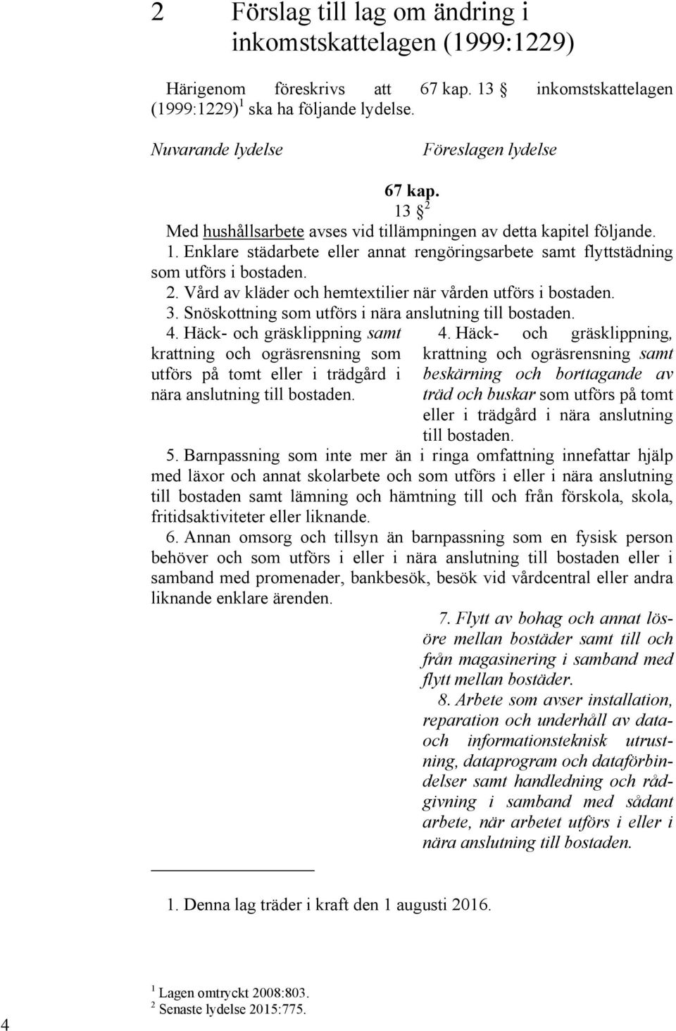 2. Vård av kläder och hemtextilier när vården utförs i bostaden. 3. Snöskottning som utförs i nära anslutning till bostaden. 4. Häck- och gräsklippning samt 4.