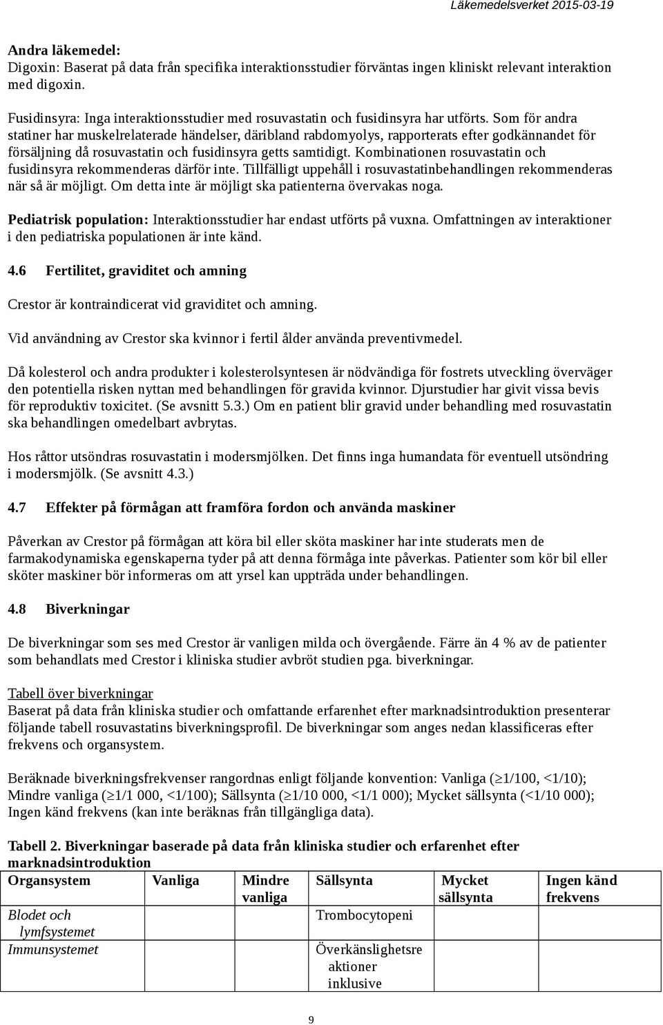 Som för andra statiner har muskelrelaterade händelser, däribland rabdomyolys, rapporterats efter godkännandet för försäljning då rosuvastatin och fusidinsyra getts samtidigt.