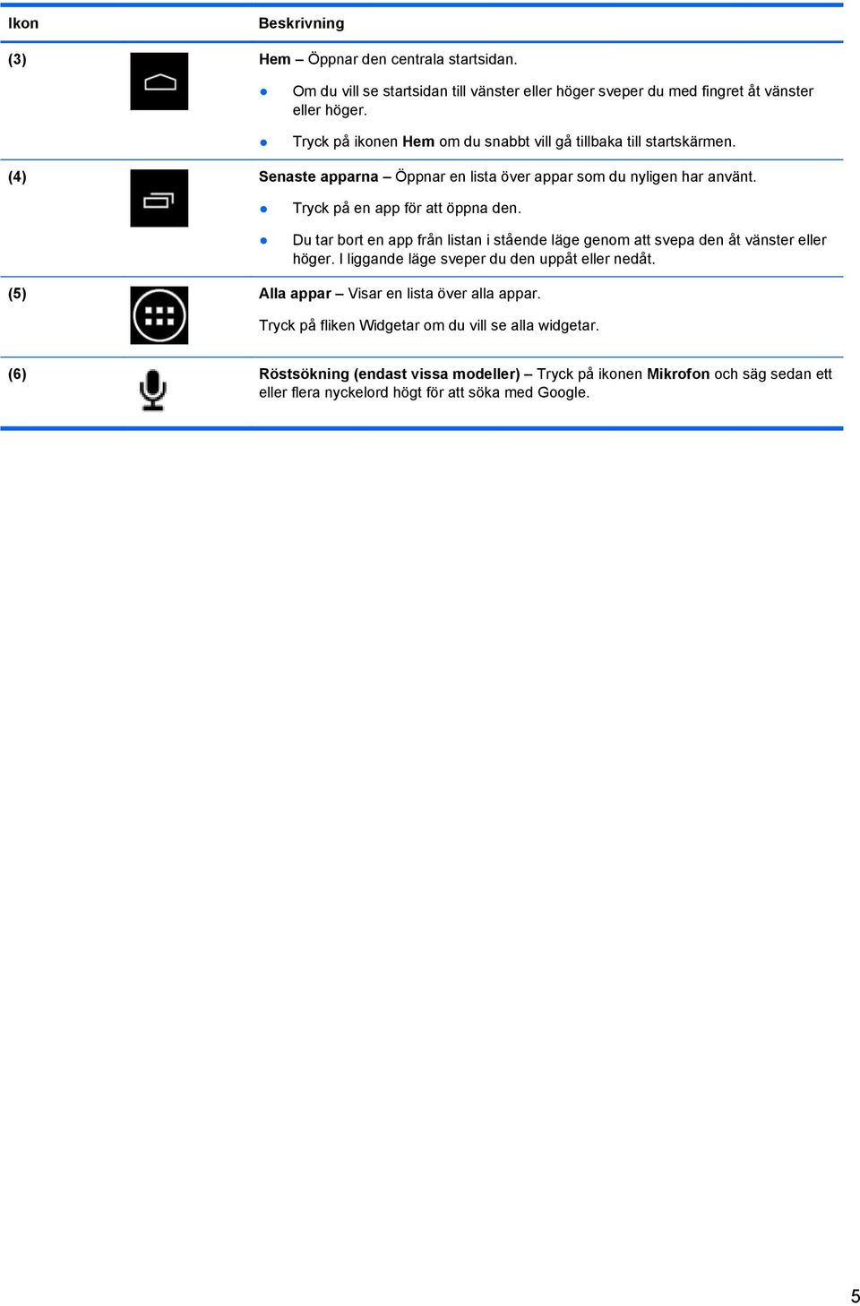 Du tar bort en app från listan i stående läge genom att svepa den åt vänster eller höger. I liggande läge sveper du den uppåt eller nedåt.