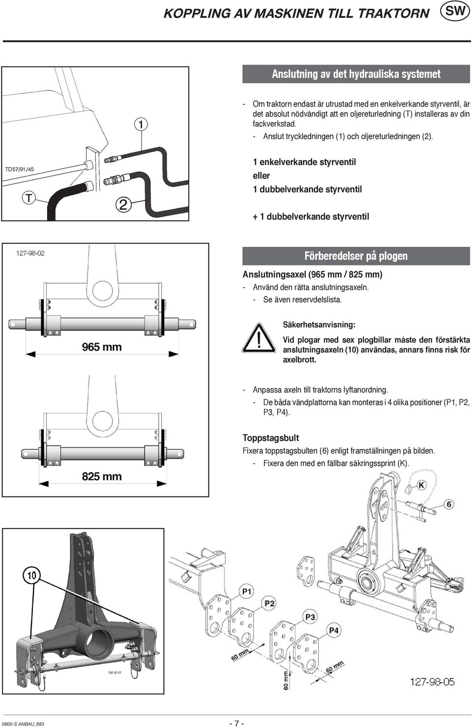 1 enkelverkande styrventil eller 1 dubbelverkande styrventil + 1 dubbelverkande styrventil Förberedelser på plogen Anslutningsaxel (965 mm / 825 mm) - Använd den rätta anslutningsaxeln.