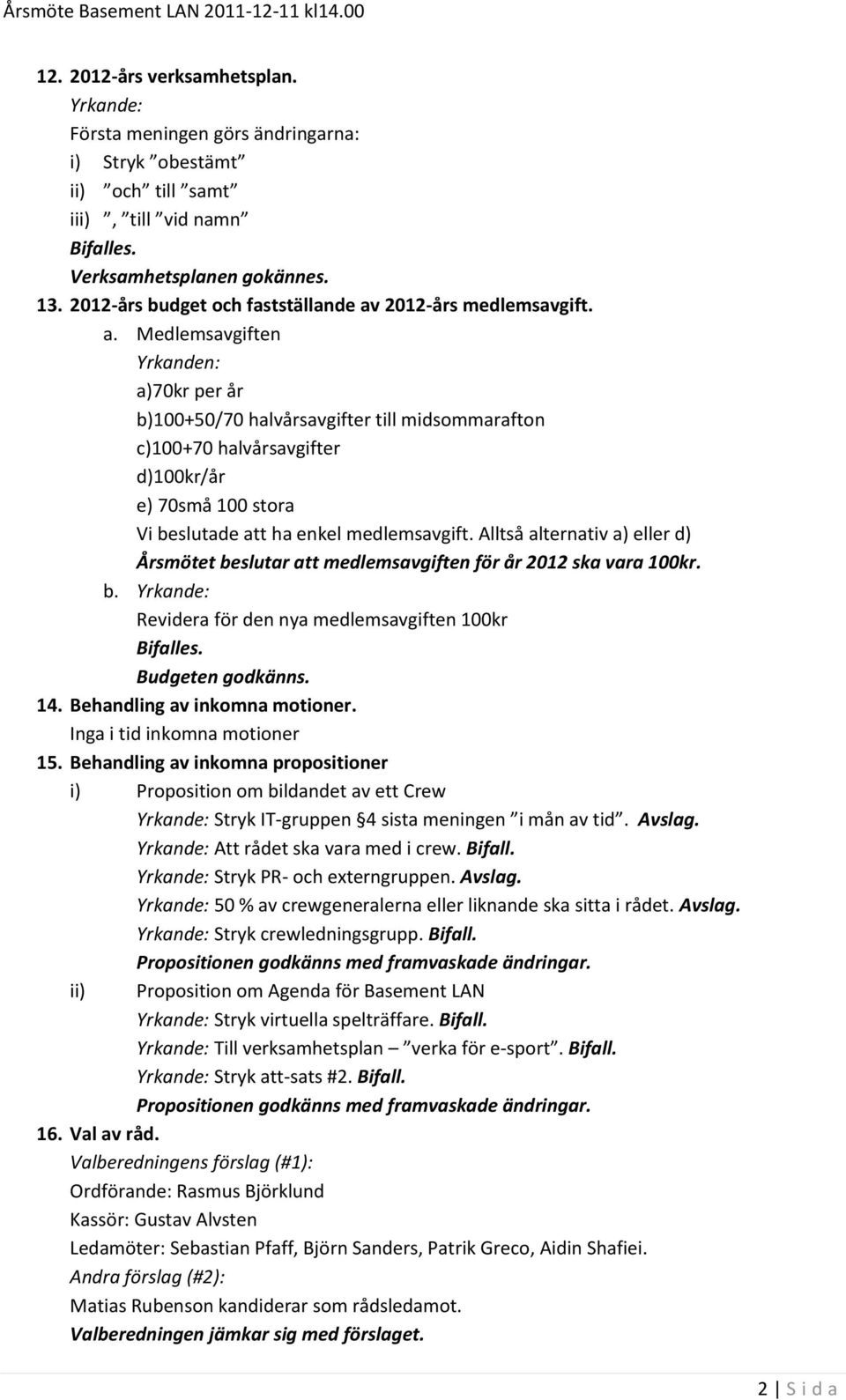 2012-års medlemsavgift. a.