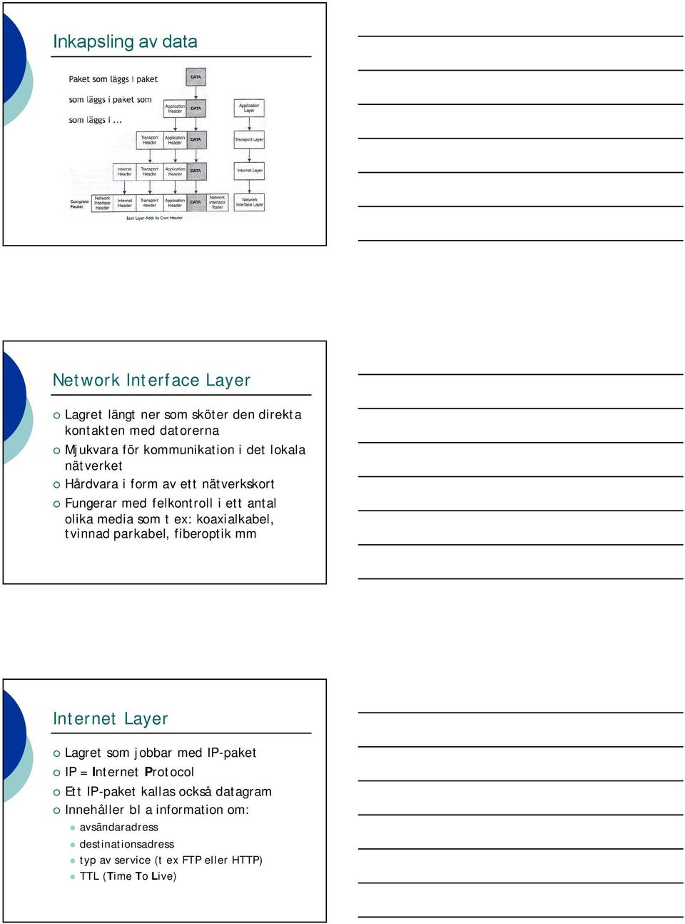 ex: koaxialkabel, tvinnad parkabel, fiberoptik mm Internet Layer Lagret som jobbar med IP-paket IP = Internet Protocol Ett