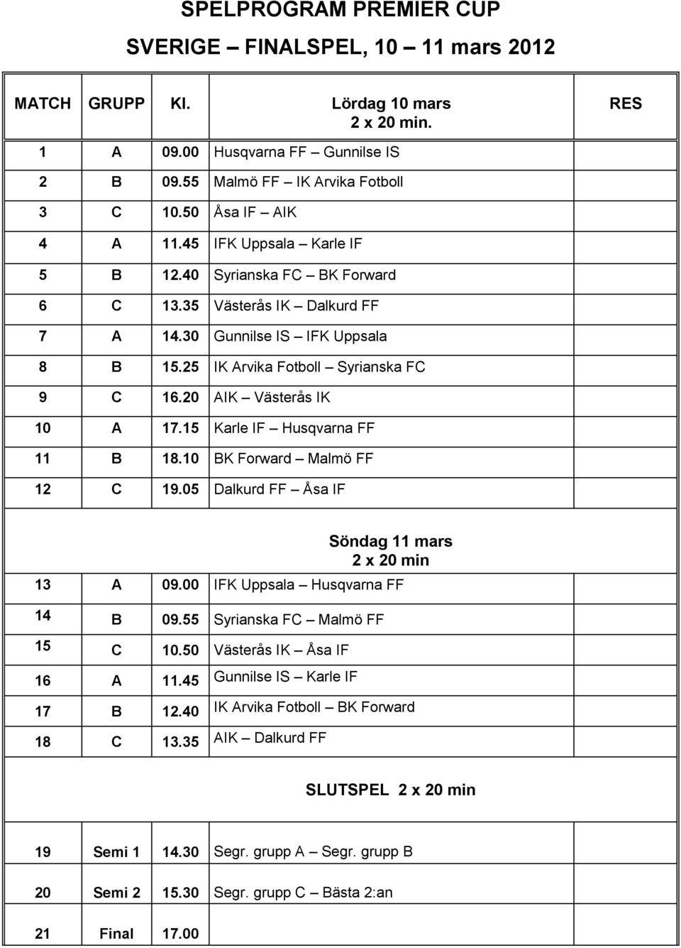 20 AIK Västerås IK 10 A 17.15 Karle IF Husqvarna FF 11 B 18.10 BK Frward Malmö FF 12 C 19.05 Dalkurd FF Åsa IF Söndag 11 mars 2 x 20 min 13 A 09.00 IFK Uppsala Husqvarna FF 14 B 09.