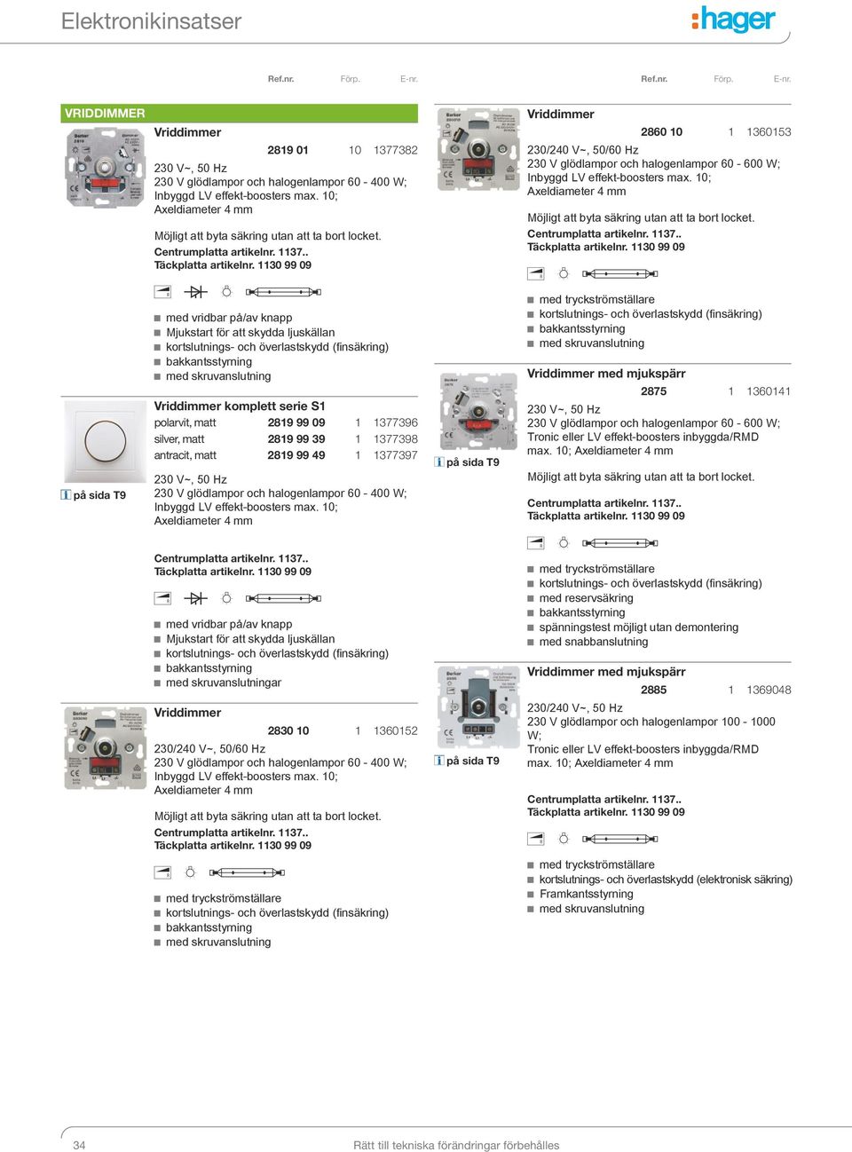 1130 99 09 1 7 G J 2819 01 10 1377382 med vridbar på/av knapp Mjukstart för att skydda ljuskällan kortslutnings- och överlastskydd (fi nsäkring) bakkantsstyrning Vriddimmer komplett serie S1