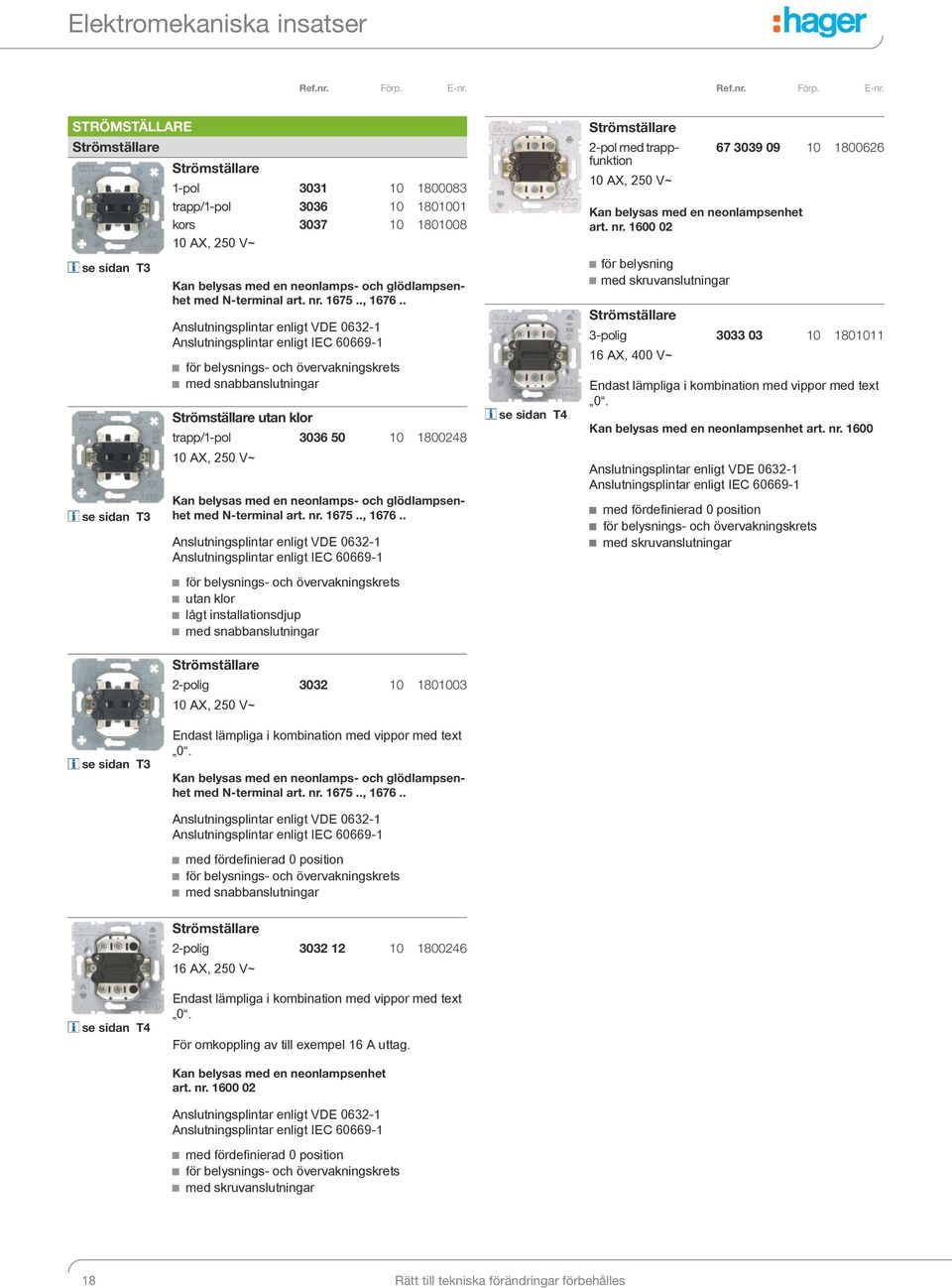 . Strömställare trapp/1-pol 3036 50 10 1800248 10 AX, 250 V~ Kan belysas med en .