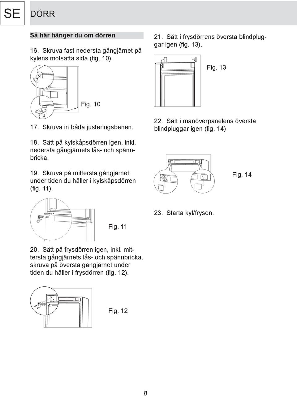 nedersta gångjärnets lås- och spännbricka. 19. Skruva på mittersta gångjärnet under tiden du håller i kylskåpsdörren (fig. 11). Fig. 14 23. Starta kyl/frysen. Fig. 11 20.