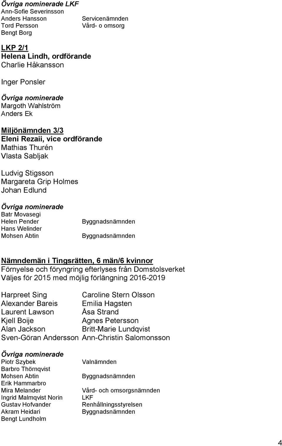 från Domstolsverket Väljes för 2015 med möjlig förlängning 2016-2019 Harpreet Sing Caroline Stern Olsson Alexander Bareis Emilia Hagsten Laurent Lawson Åsa Strand Kjell Boije Agnes Petersson Alan