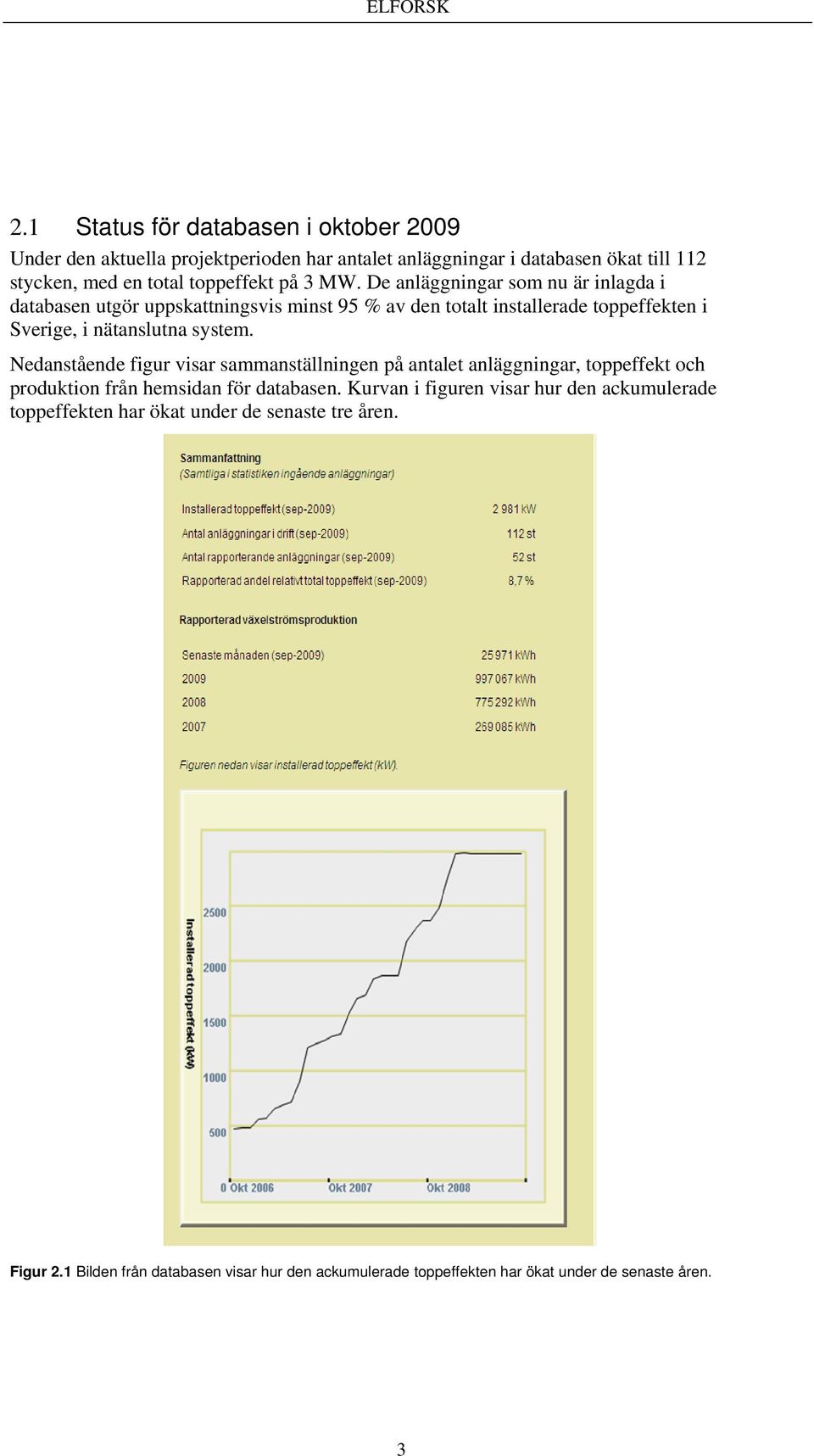 Nedanstående figur visar sammanställningen på antalet anläggningar, toppeffekt och produktion från hemsidan för databasen.