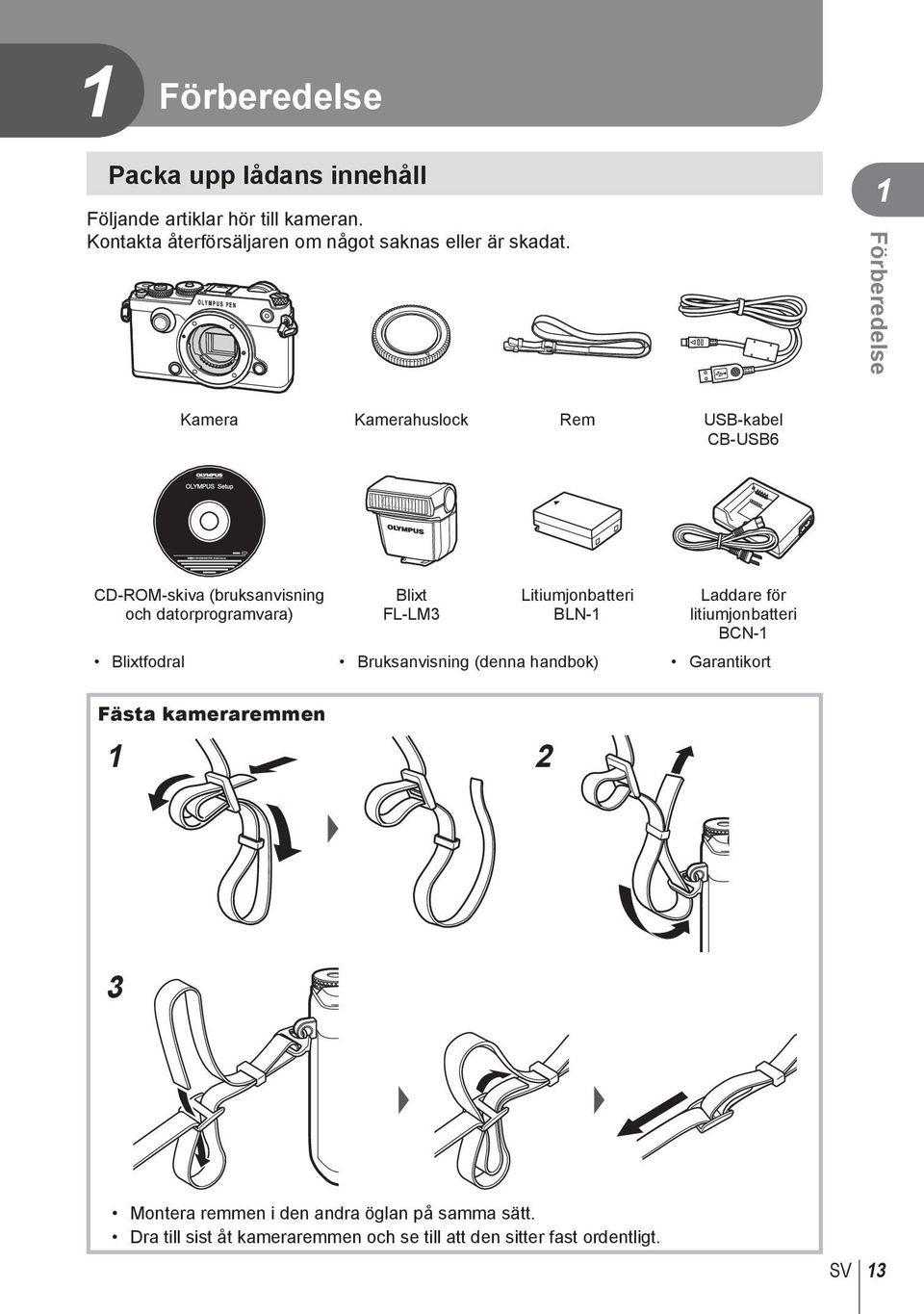 1 Förberedelse Kamera Kamerahuslock Rem USB-kabel CB-USB6 CD-ROM-skiva (bruksanvisning och datorprogramvara) Blixt FL-LM3