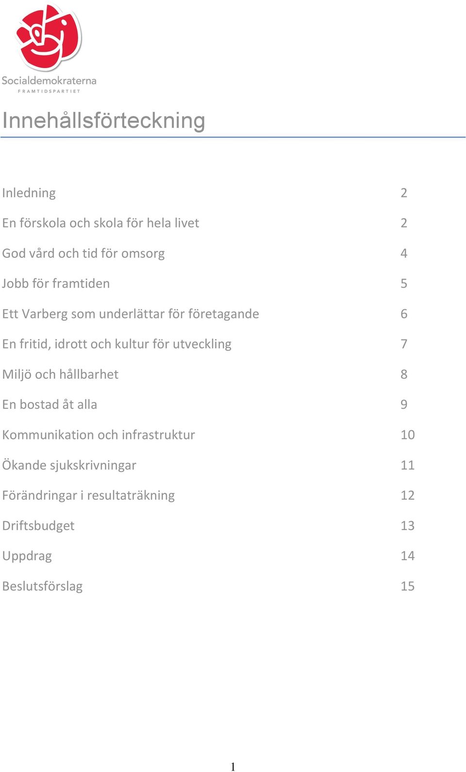 för utveckling 7 Miljö och hållbarhet 8 En bostad åt alla 9 Kommunikation och infrastruktur 10