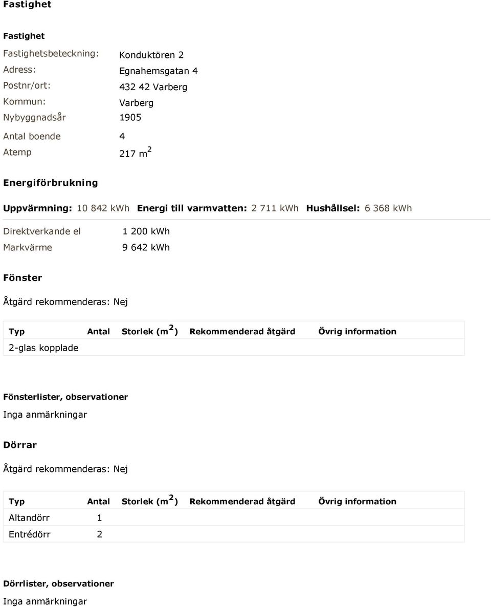 Fönster Åtgärd rekommenderas: Nej Typ Antal Storlek (m 2 ) Rekommenderad åtgärd Övrig information 2-glas kopplade Fönsterlister, observationer Inga anmärkningar