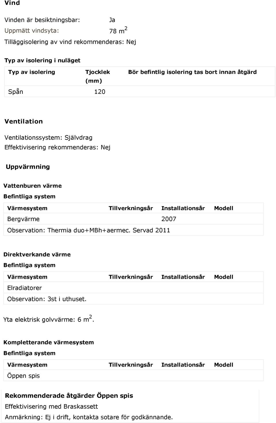 värme Bergvärme 2007 Observation: Thermia duo+mbh+aermec. Servad 2011 Direktverkande värme Elradiatorer Observation: 3st i uthuset.