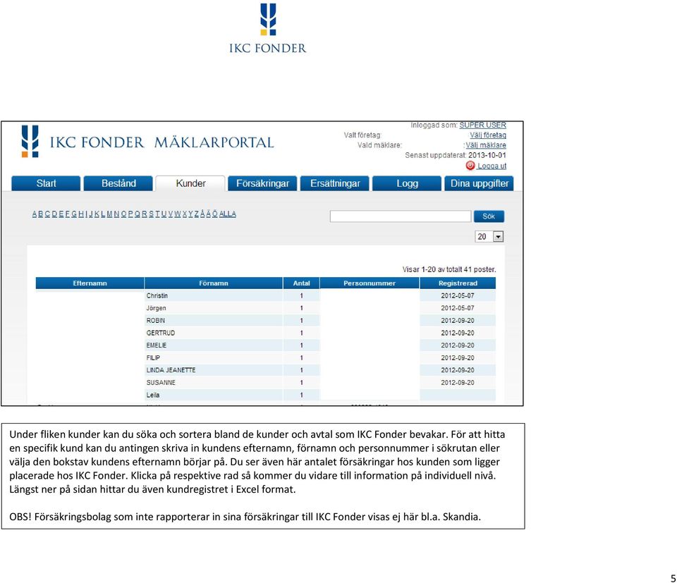 efternamn börjar på. Du ser även här antalet försäkringar hos kunden som ligger placerade hos IKC Fonder.