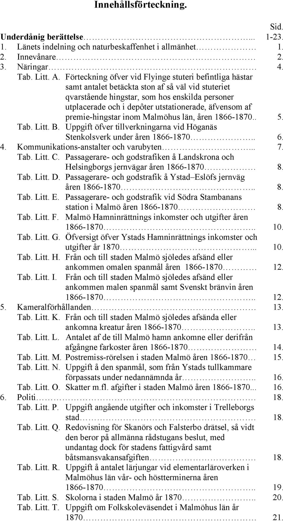 äfvensom af premie-hingstar inom Malmöhus län, åren 1866-1870.. 5. Tab. Litt. B. Uppgift öfver tillverkningarna vid Höganäs Stenkolsverk under åren 1866-1870.. 6. 4.