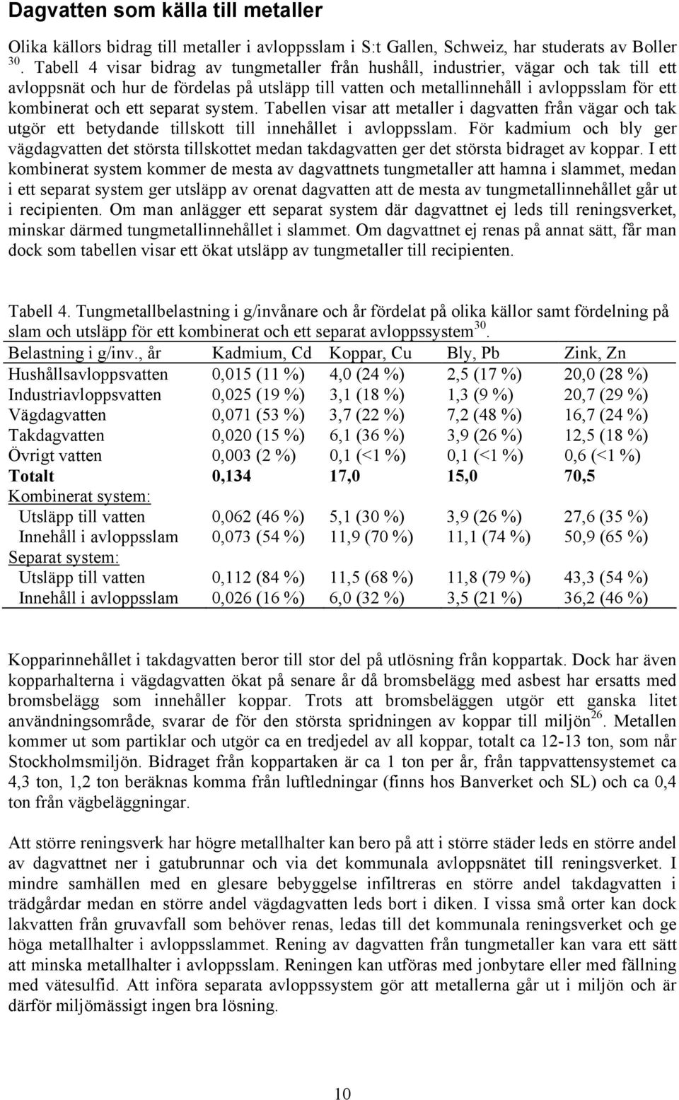 ett separat system. Tabellen visar att metaller i dagvatten från vägar och tak utgör ett betydande tillskott till innehållet i avloppsslam.