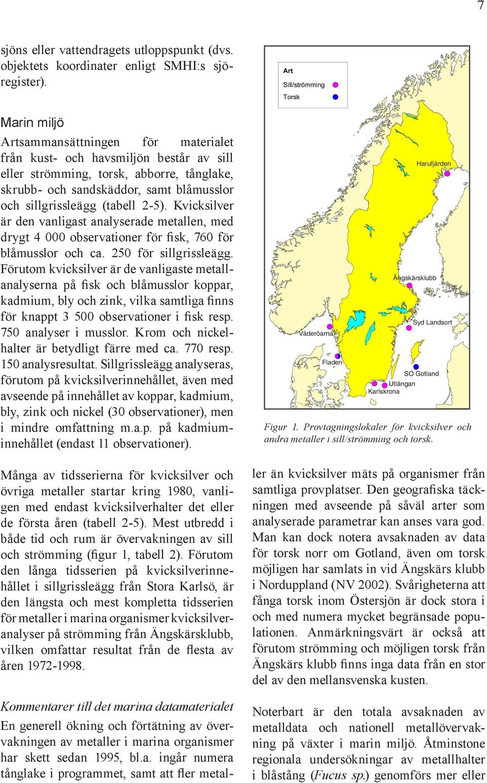 2-5). Kvicksilver är den vanligast analyserade metallen, med drygt 4 000 observationer för fisk, 760 för blåmusslor och ca. 250 för sillgrissleägg.