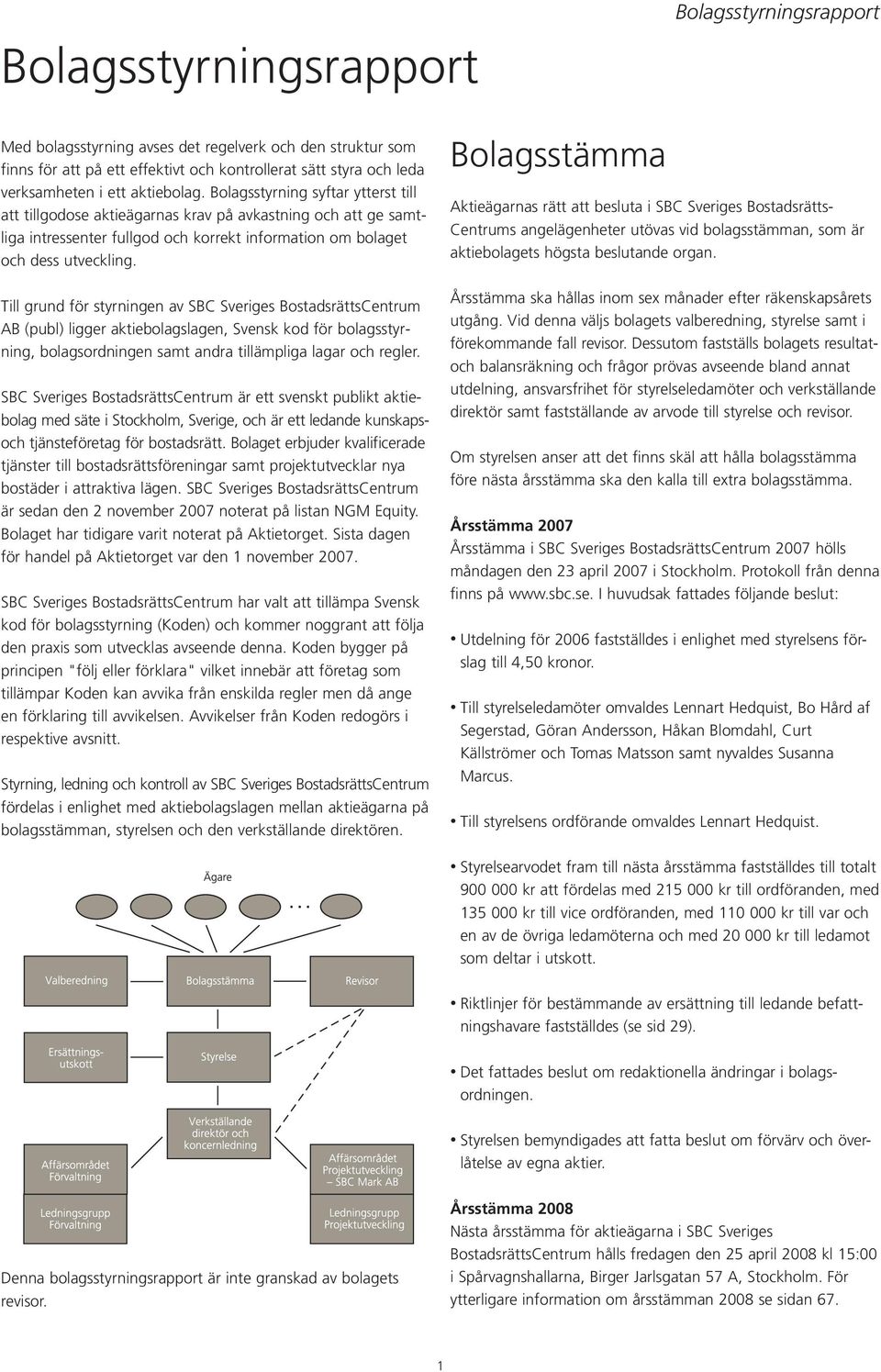 Till grund för styrningen av SBC Sveriges BostadsrättsCentrum AB (publ) ligger aktiebolagslagen, Svensk kod för bolagsstyrning, bolagsordningen samt andra tillämpliga lagar och regler.