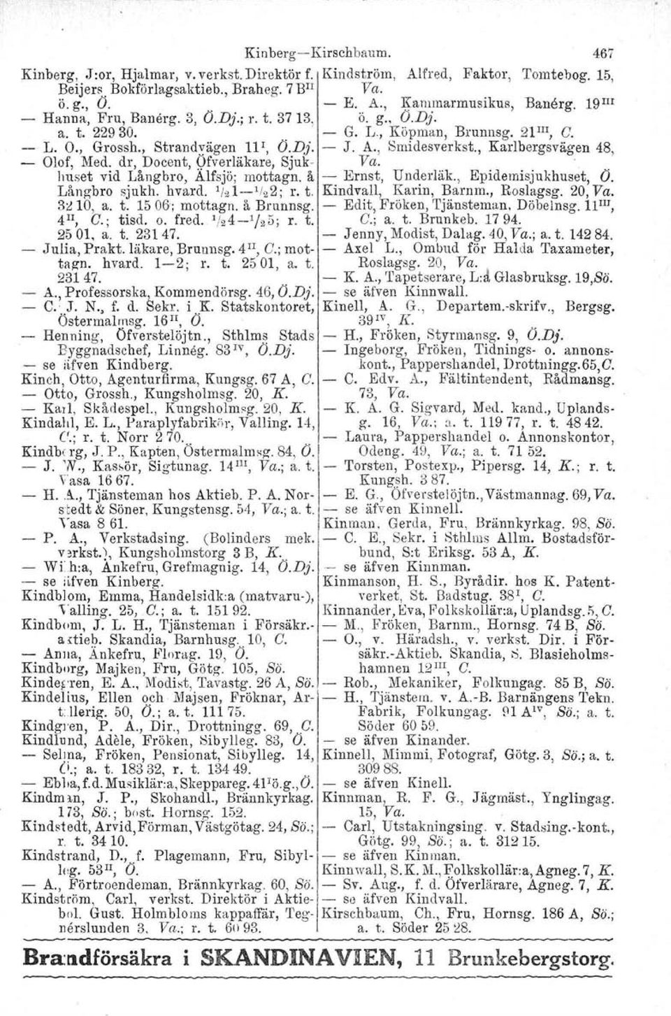 , Karlbergsvägen 48, Olof, Med. dr, Docent, Qfverläkare, Sjuk- Va... huset vid Långbro. Alfsjö; mottagn. å - Ernst, Underläk., Epidemisjukhuset, O. Långbro sjukh. hvard, 1/21-1/ 2 2; r. t.