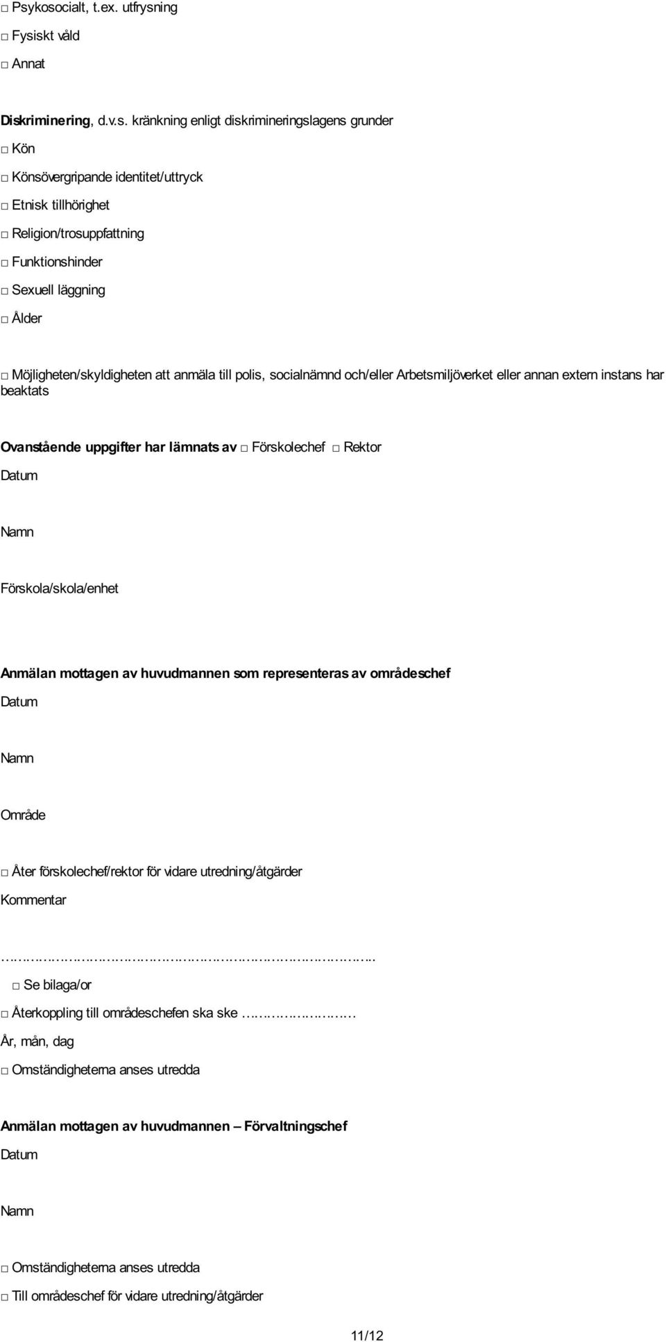 Ovanstående uppgifter har lämnats av Förskolechef Rektor Datum Förskola/skola/enhet Anmälan mottagen av huvudmannen som representeras av områdeschef Datum Område Åter förskolechef/rektor för vidare