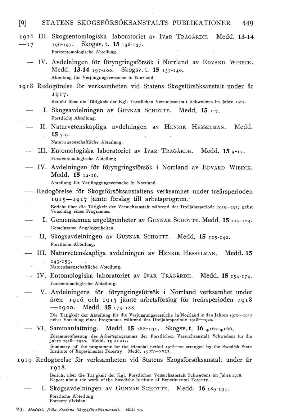 för verksamheten vid Statens skogsförsöksanstalt under år I9J7 Bericht iiber die Tätigkeit der Kgl. Forstlichen Versuchsanstalt Schwedens im Jahre rgr7. I. skogsavdelningen av GUNNAR ScHOTTE. Medd.