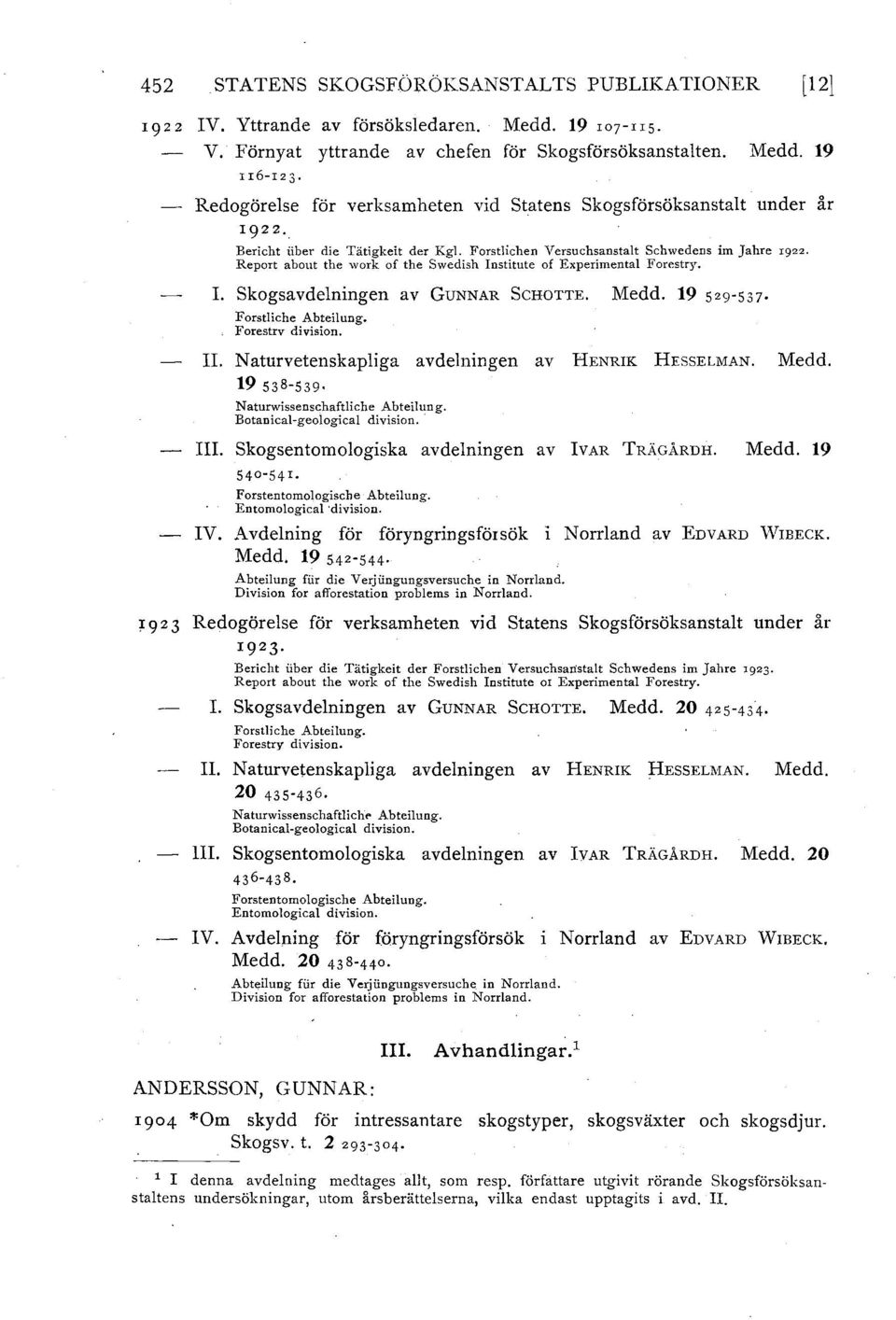 Report about the work of the Swedish Institute of Experimental Forestry. I. skogsavdelningen av GUNNAR ScHOTTE. Medd. 19 529-537 Forstliche Abteilunga Forestrv division. II.