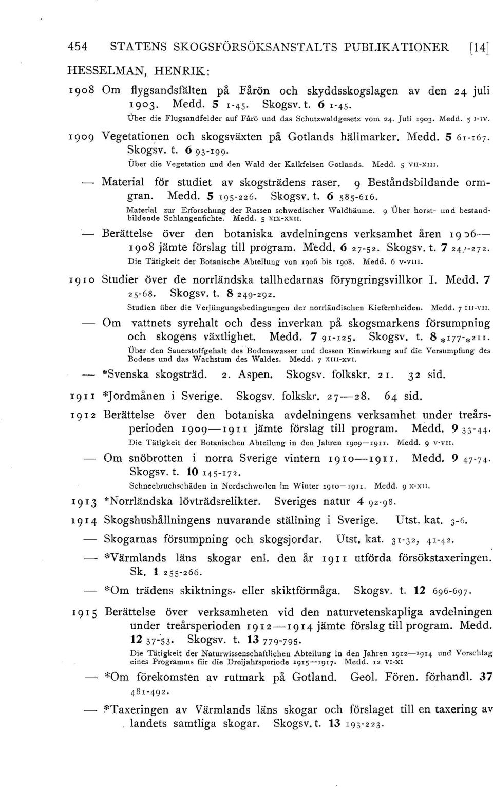 frber die Vegetation und den \Vald der Kalkfelsen Gotlands. :i\iedd. 5 VII-XIII. Material för studiet av skogsträdens raser. 9 Beståndsbildande ormgran. Medd. 5 195 226. Skogsv. t. 6 585 6r6.