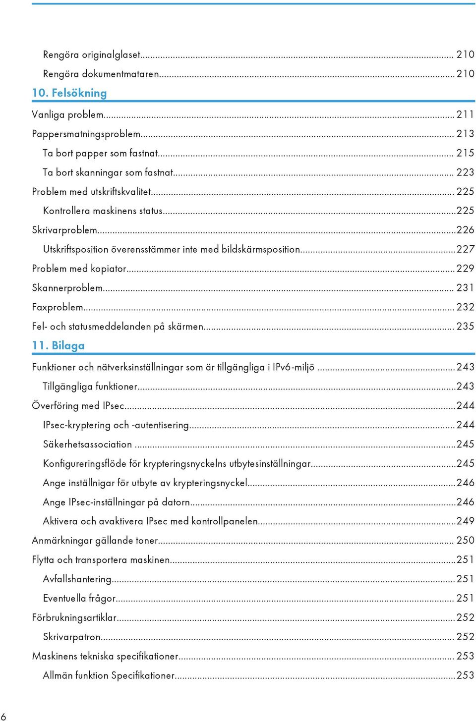 ..229 Skannerproblem... 231 Faxproblem... 232 Fel- och statusmeddelanden på skärmen... 235 11. Bilaga Funktioner och nätverksinställningar som är tillgängliga i IPv6-miljö...243 Tillgängliga funktioner.