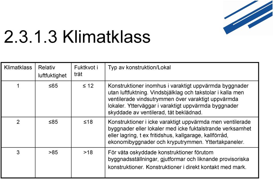 2 85 18 Konstruktioner i icke varaktigt uppvärmda men ventilerade byggnader eller lokaler med icke fuktalstrande verksamhet eller lagring, t ex fritidshus, kallgarage, kallförråd,