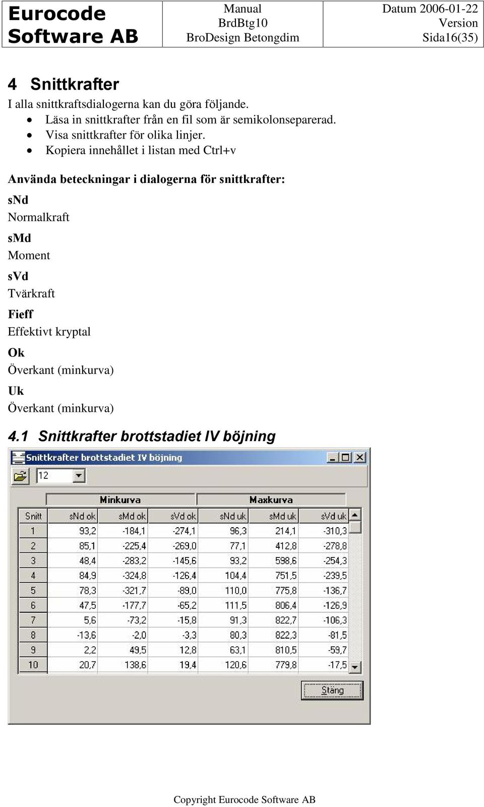 Kopiera innehållet i listan med Ctrl+v Använda beteckningar i dialogerna för snittkrafter: snd