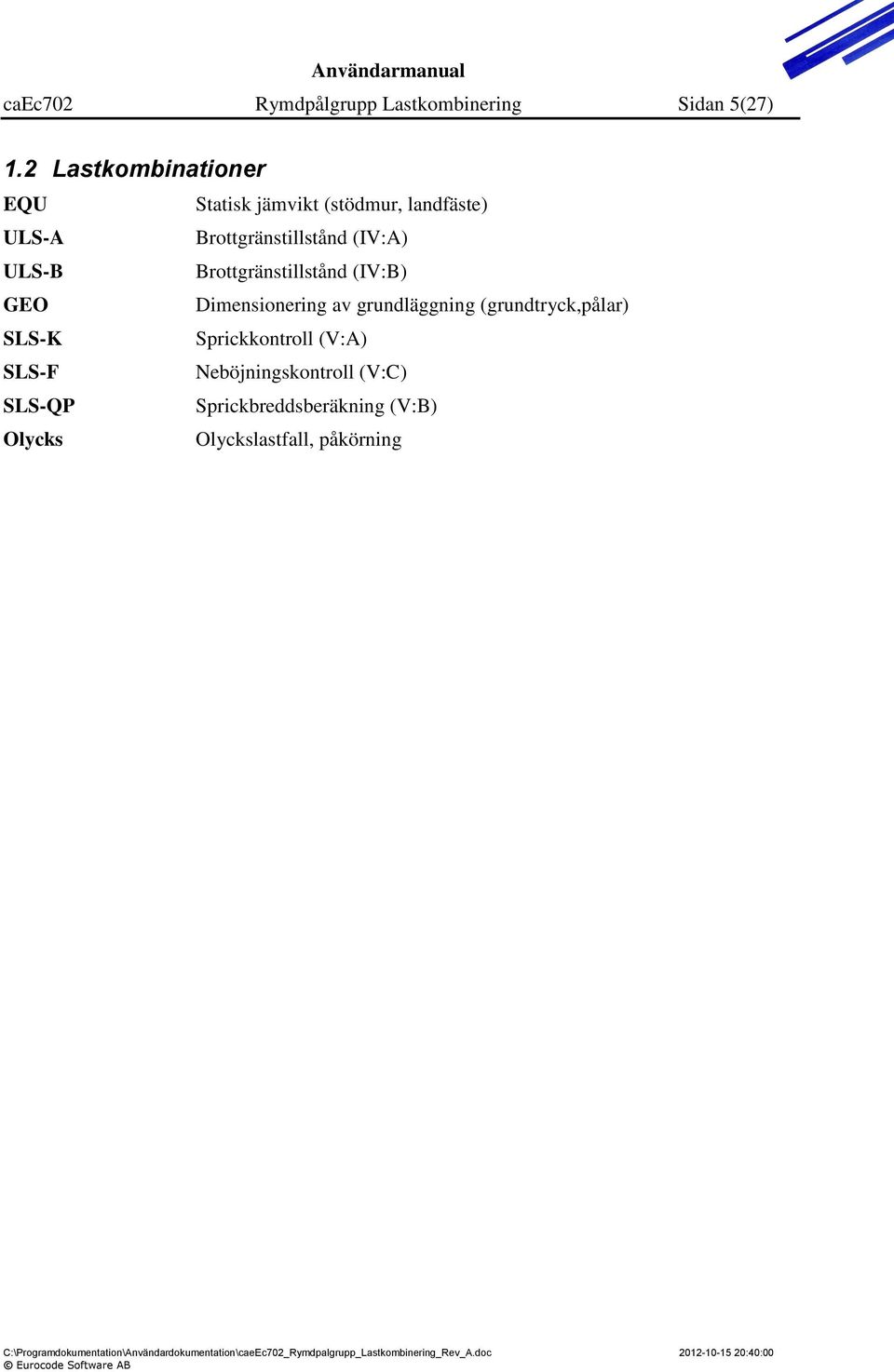 (IV:A) ULS-B Brottgränstillstånd (IV:B) GEO Dimensionering av grundläggning