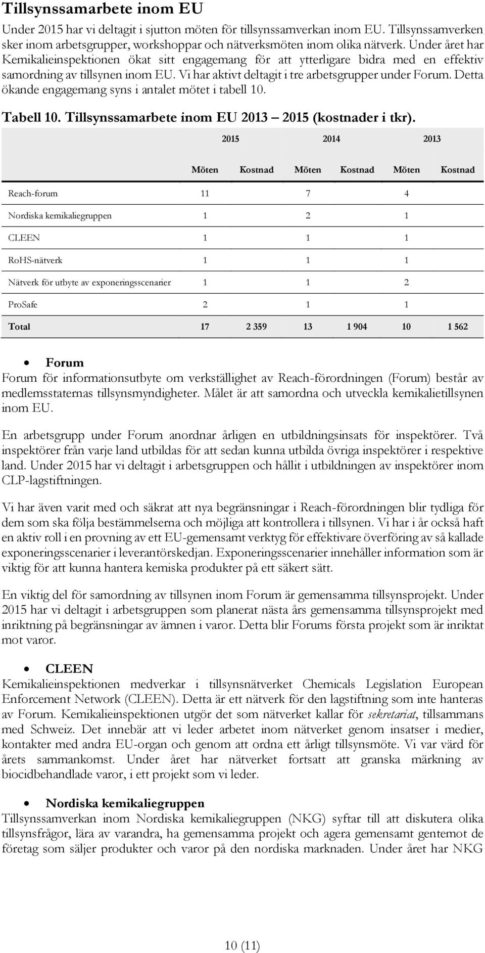 Detta ökande engagemang syns i antalet mötet i tabell 10. Tabell 10. Tillsynssamarbete inom EU 2013 2015 (kostnader i tkr).