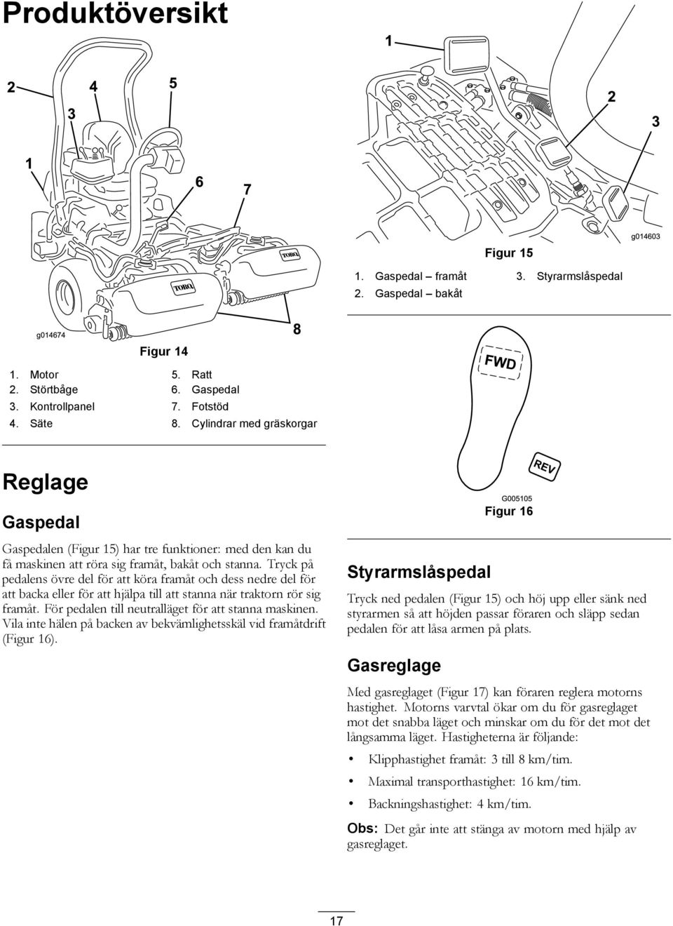 Tryck på pedalens övre del för att köra framåt och dess nedre del för att backa eller för att hjälpa till att stanna när traktorn rör sig framåt. För pedalen till neutralläget för att stanna maskinen.