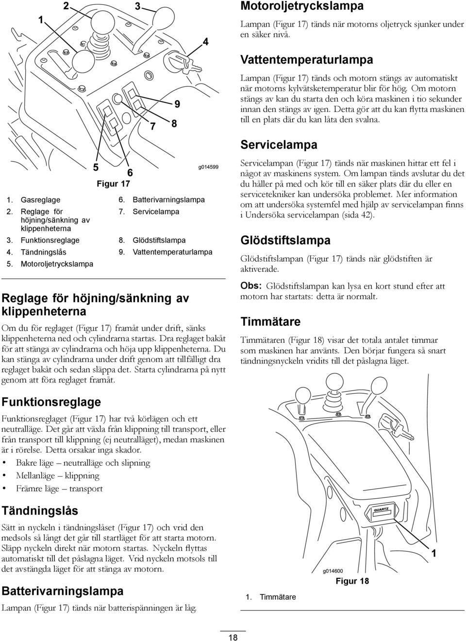 Dra reglaget bakåt för att stänga av cylindrarna och höja upp klippenheterna. Du kan stänga av cylindrarna under drift genom att tillfälligt dra reglaget bakåt och sedan släppa det.