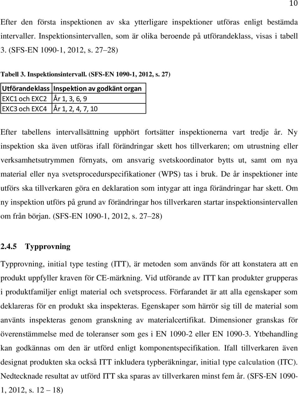 27) Utförandeklass Inspektion av godkänt organ EXC1 och EXC2 År 1, 3, 6, 9 EXC3 och EXC4 År 1, 2, 4, 7, 10 Efter tabellens intervallsättning upphört fortsätter inspektionerna vart tredje år.