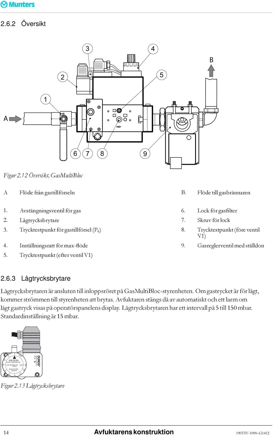 Trycktestpunkt (efter ventil V1) 2.6.3 Lågtrycksbrytare Lågtrycksbrytaren är ansluten till inloppsröret på GasMultiBloc-styrenheten.